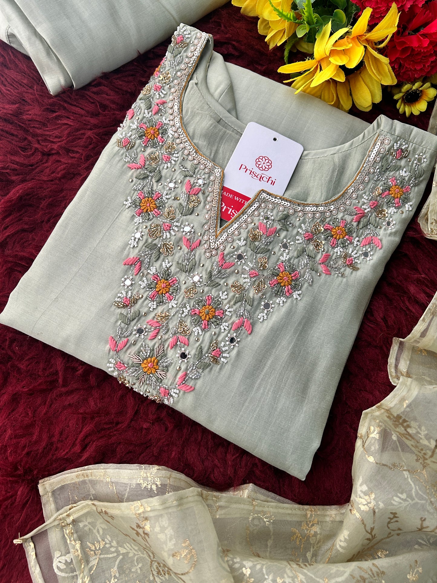 Sage Green Embroidered Designer Ethnic Kurta Set for Women with Pants & Dupatta | Festive Wear Suit Set
