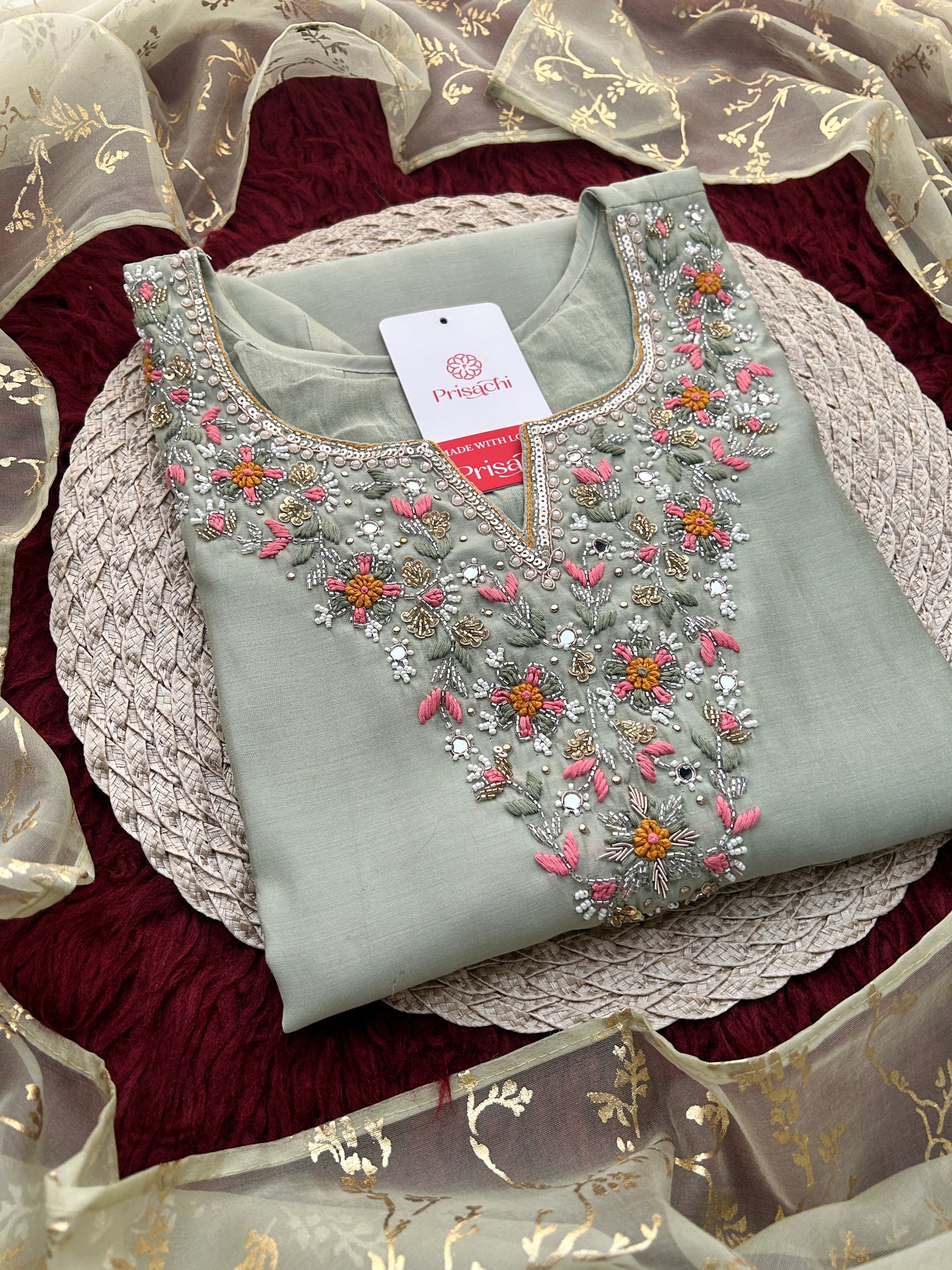 Sage Green Embroidered Designer Ethnic Kurta Set for Women with Pants & Dupatta | Festive Wear Suit Set