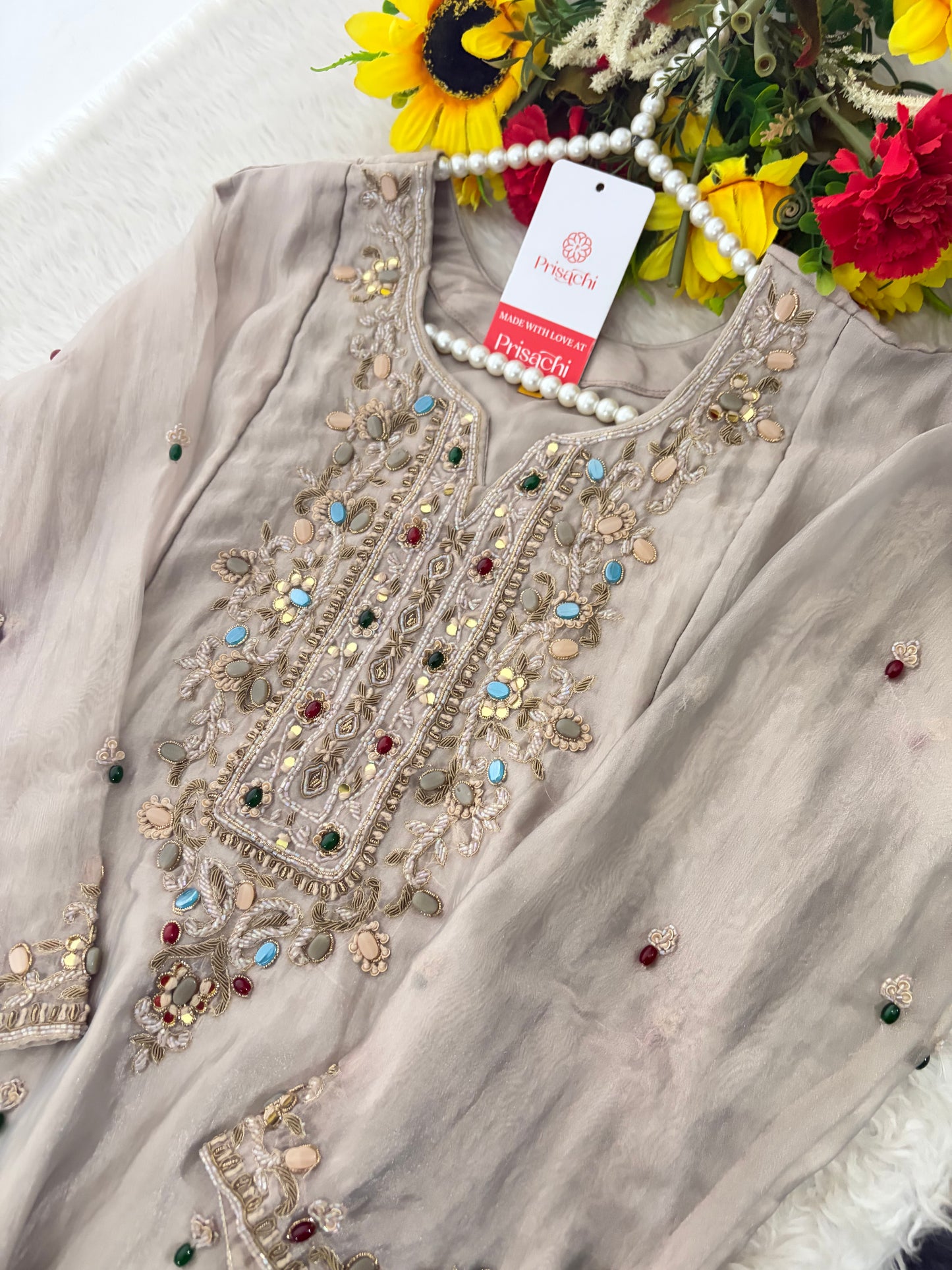 Light Grey Zardozi Embroidered Ethnic Kurta Set for Women with Pants & Dupatta