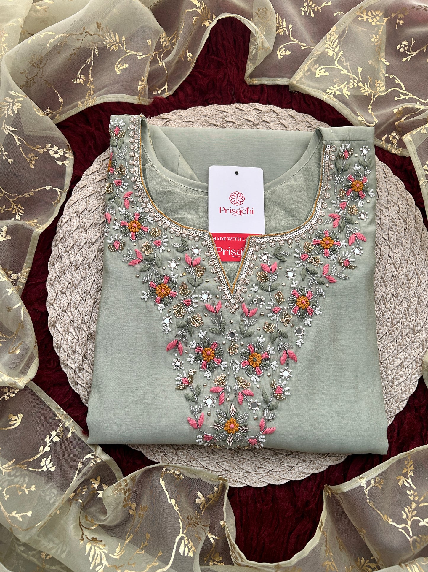 Sage Green Embroidered Designer Ethnic Kurta Set for Women with Pants & Dupatta | Festive Wear Suit Set