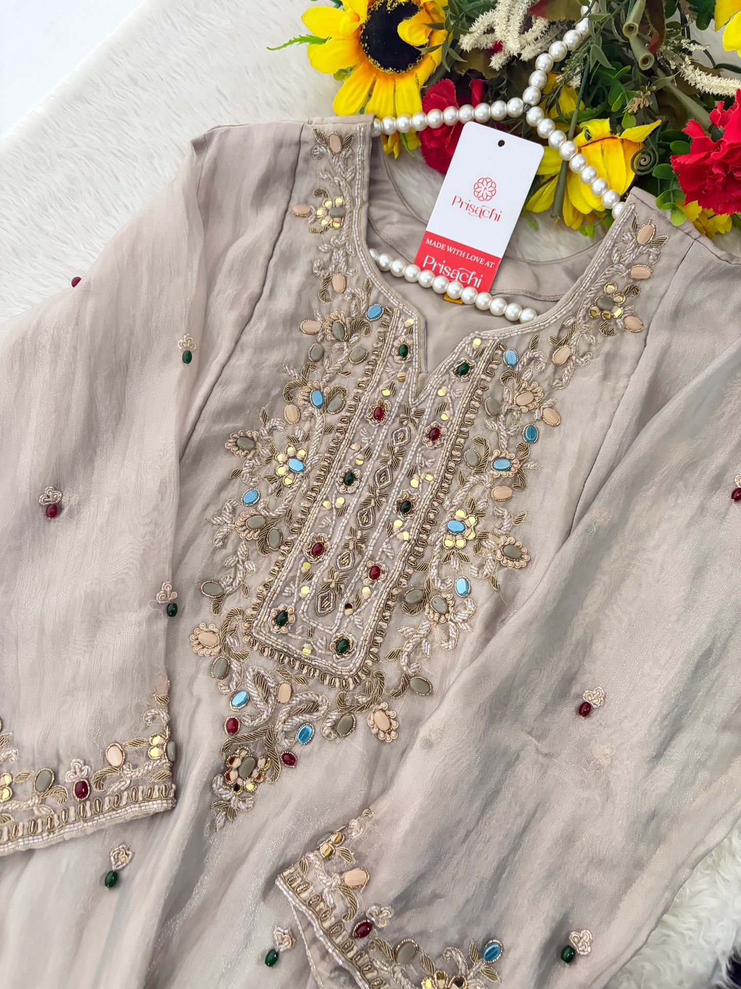 Light Grey Zardozi Embroidered Ethnic Kurta Set for Women with Pants & Dupatta