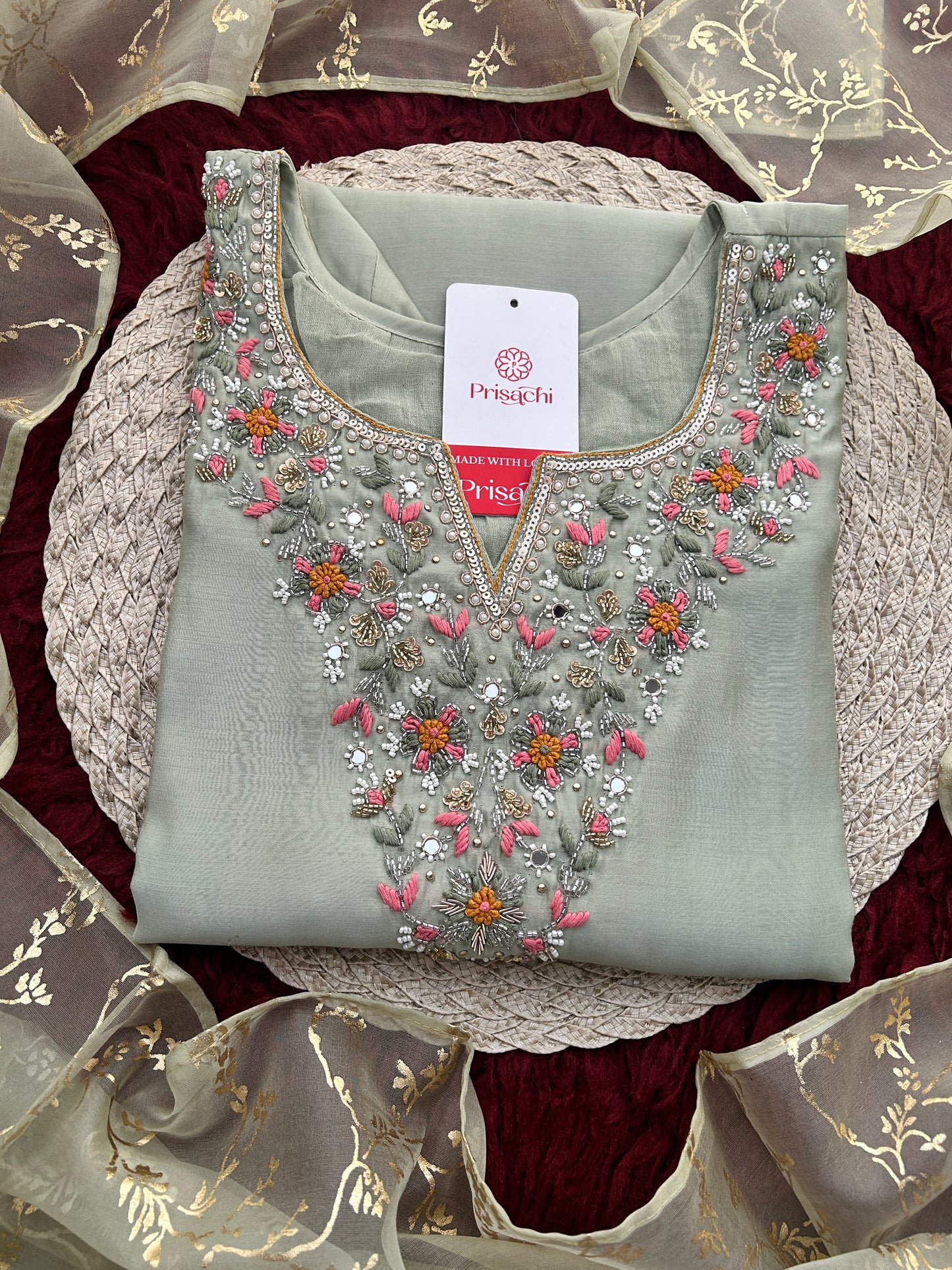 Sage Green Embroidered Designer Ethnic Kurta Set for Women with Pants & Dupatta | Festive Wear Suit Set