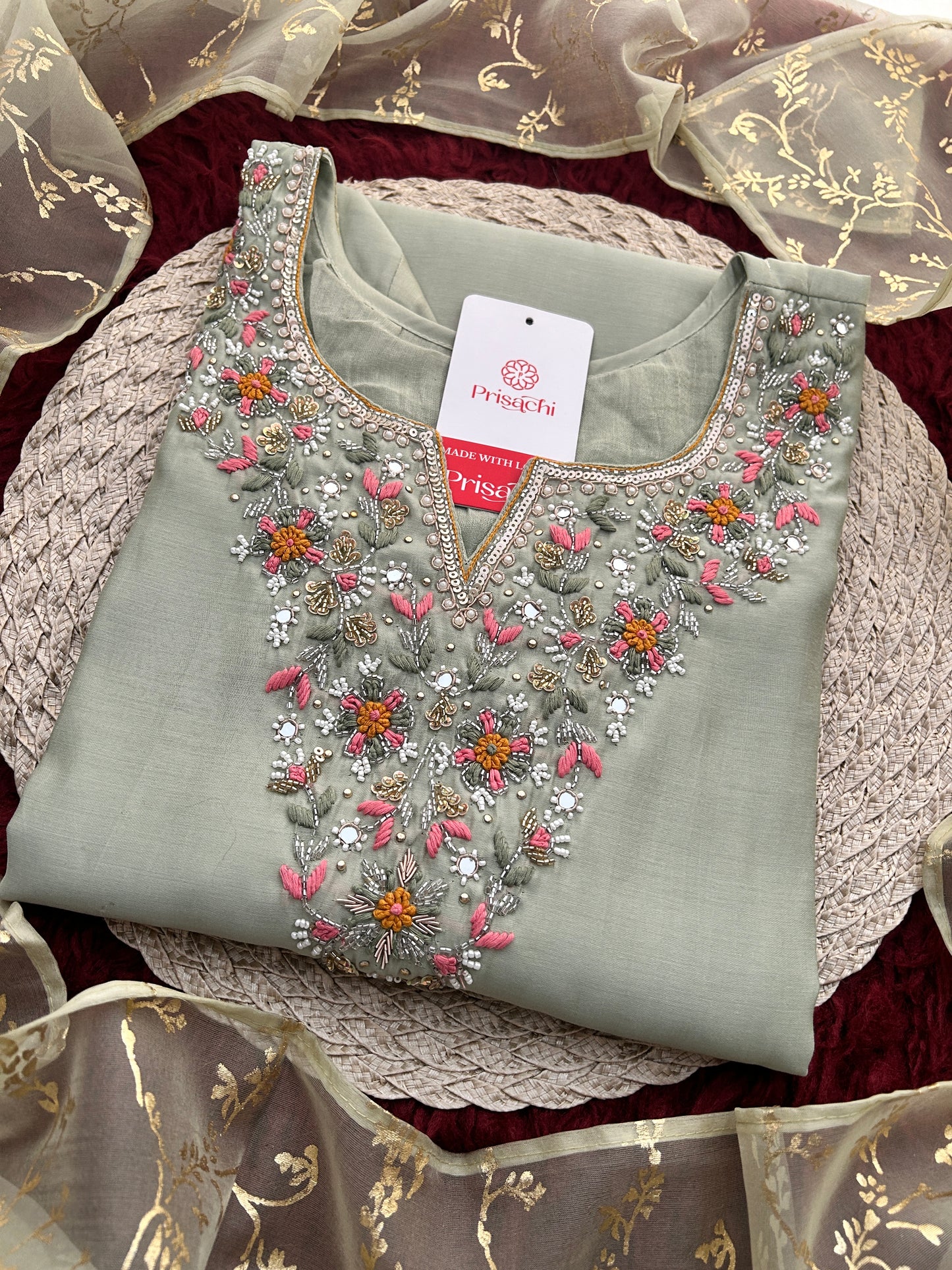 Sage Green Embroidered Designer Ethnic Kurta Set for Women with Pants & Dupatta | Festive Wear Suit Set
