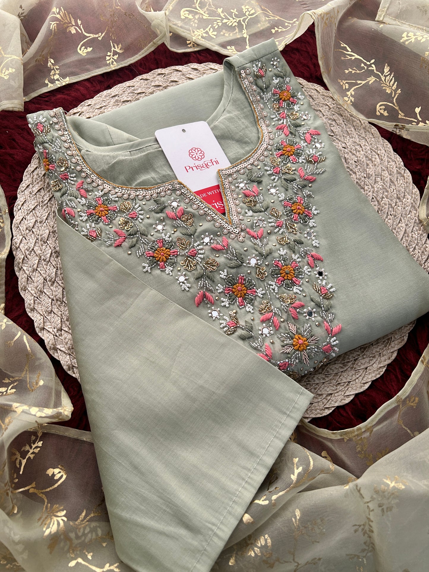 Sage Green Embroidered Designer Ethnic Kurta Set for Women with Pants & Dupatta | Festive Wear Suit Set