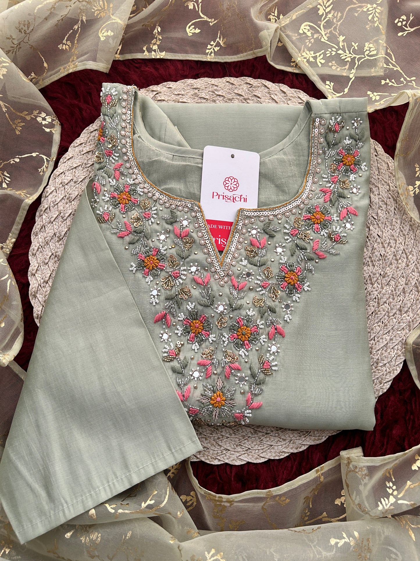 Sage Green Embroidered Designer Ethnic Kurta Set for Women with Pants & Dupatta | Festive Wear Suit Set
