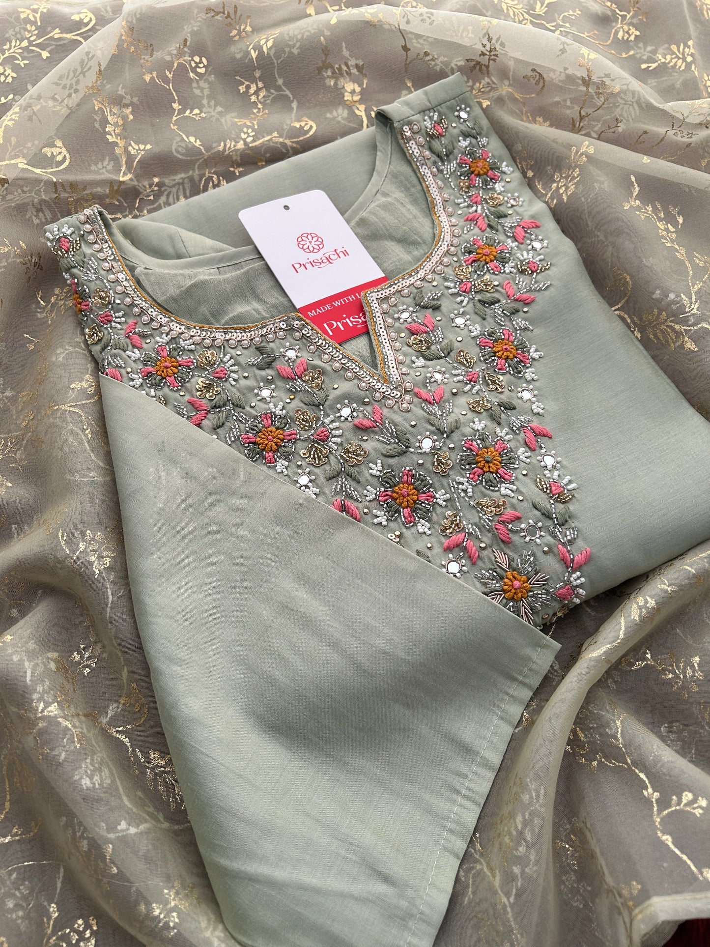 Sage Green Embroidered Designer Ethnic Kurta Set for Women with Pants & Dupatta | Festive Wear Suit Set