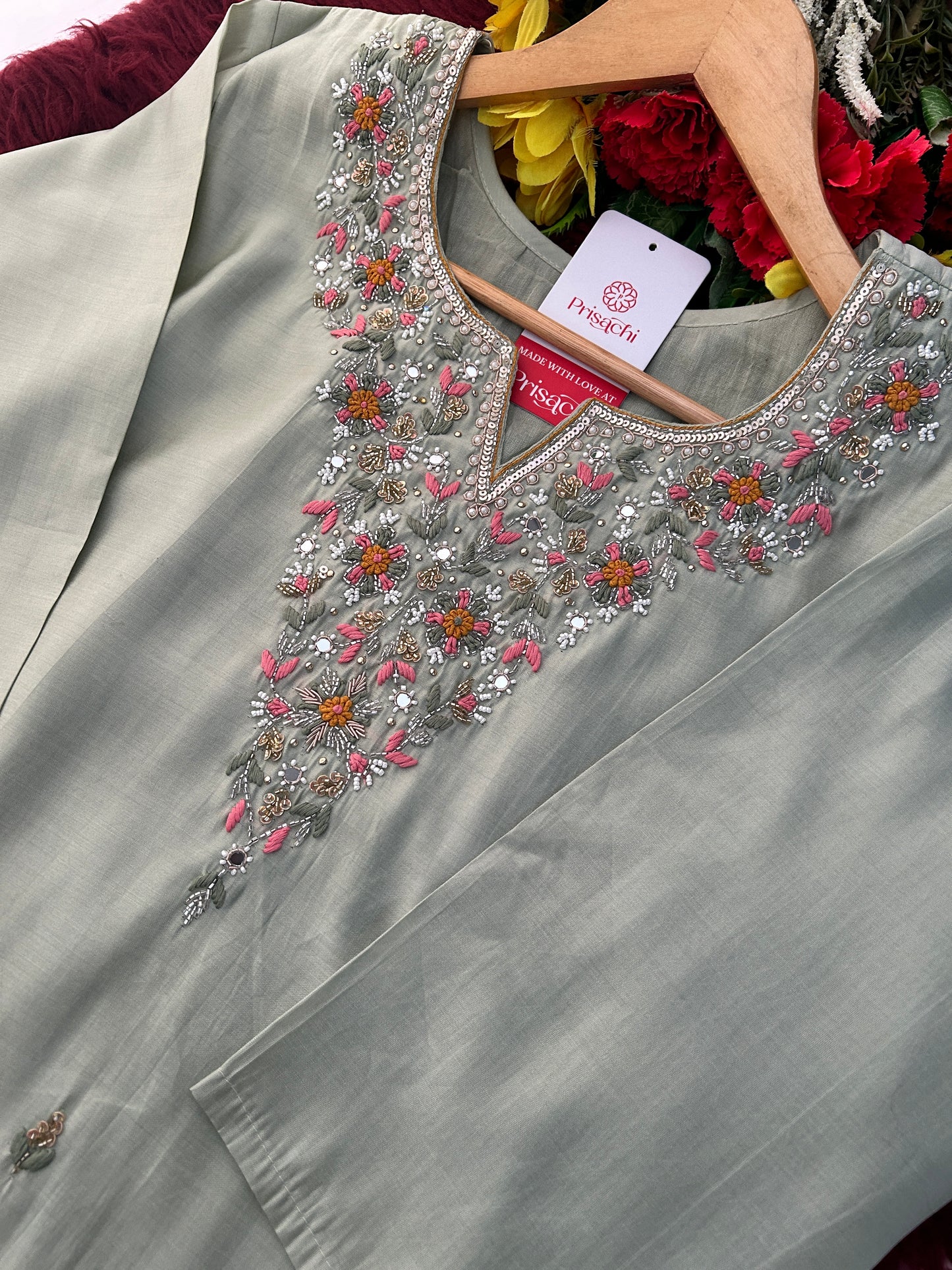 Sage Green Embroidered Designer Ethnic Kurta Set for Women with Pants & Dupatta | Festive Wear Suit Set