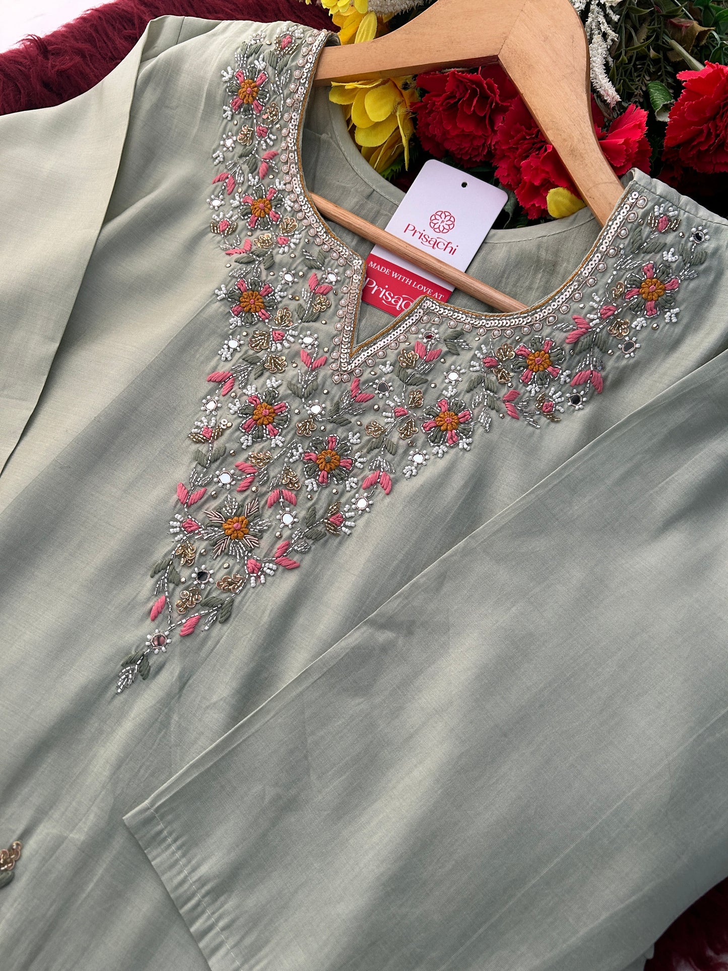 Sage Green Embroidered Designer Ethnic Kurta Set for Women with Pants & Dupatta | Festive Wear Suit Set