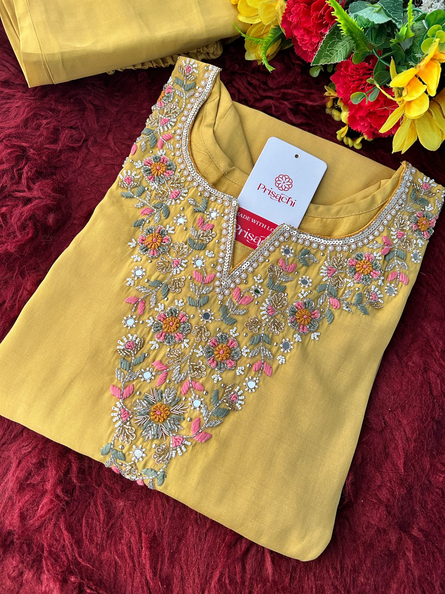 Yellow Designer Embroidered Kurti with Pants for Women | Casual & Office Wear Ethnic Co-ord Set - Prisachi Official