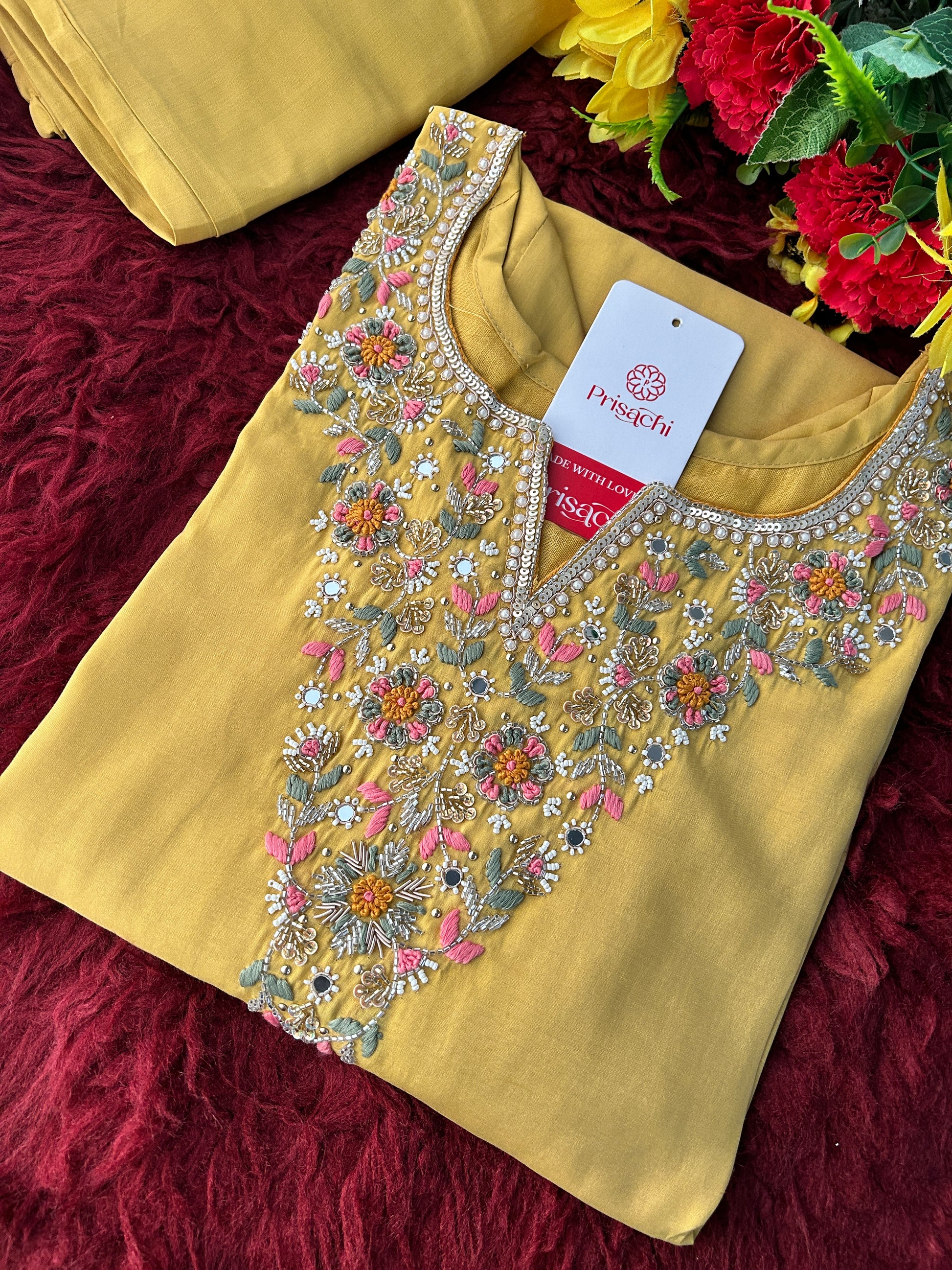 Yellow Designer Embroidered Kurti with Pants for Women | Casual & Office Wear Ethnic Co-ord Set - Prisachi Official