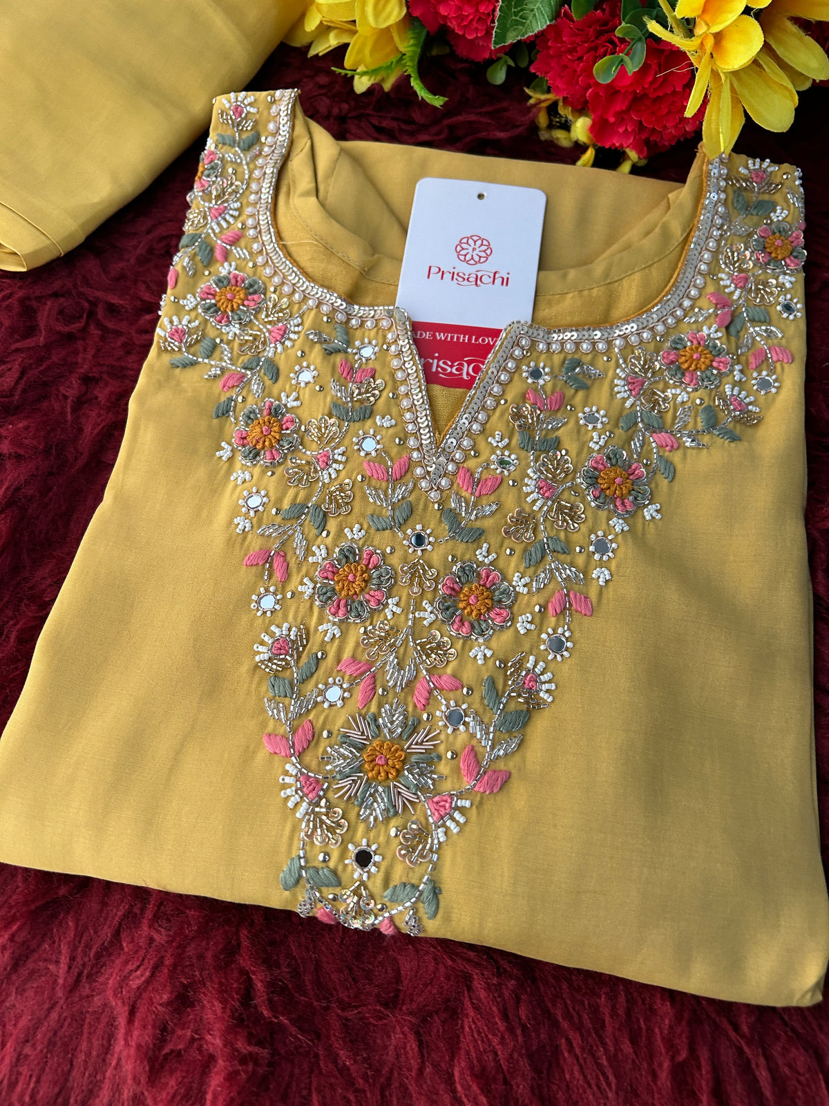Yellow Designer Embroidered Kurti with Pants for Women | Casual & Office Wear Ethnic Co-ord Set - Prisachi Official