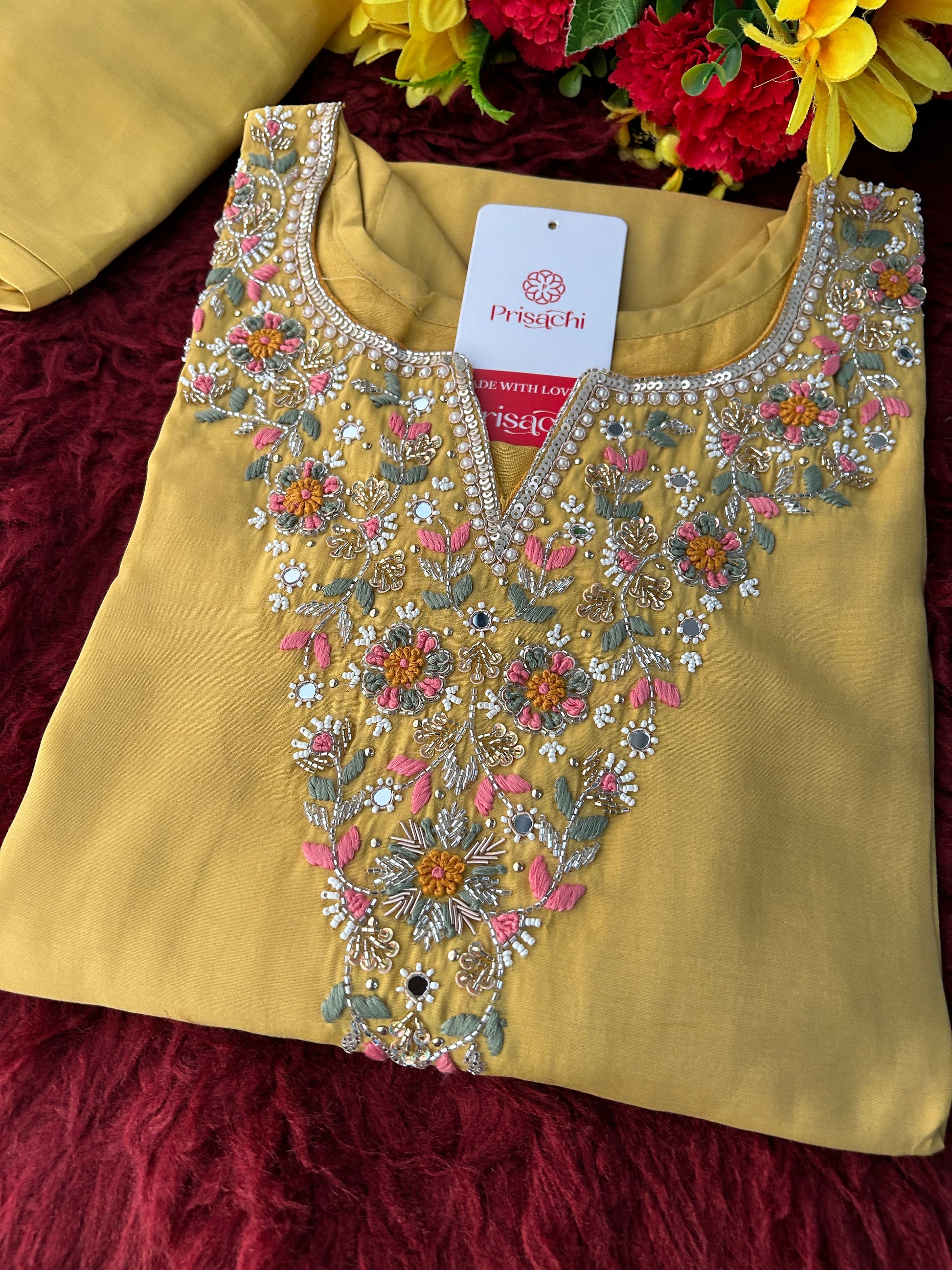 Yellow Designer Embroidered Kurti with Pants for Women | Casual & Office Wear Ethnic Co-ord Set - Prisachi Official