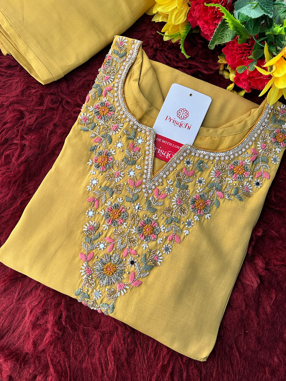 Yellow Designer Embroidered Kurti with Pants for Women | Casual & Office Wear Ethnic Co-ord Set - Prisachi Official