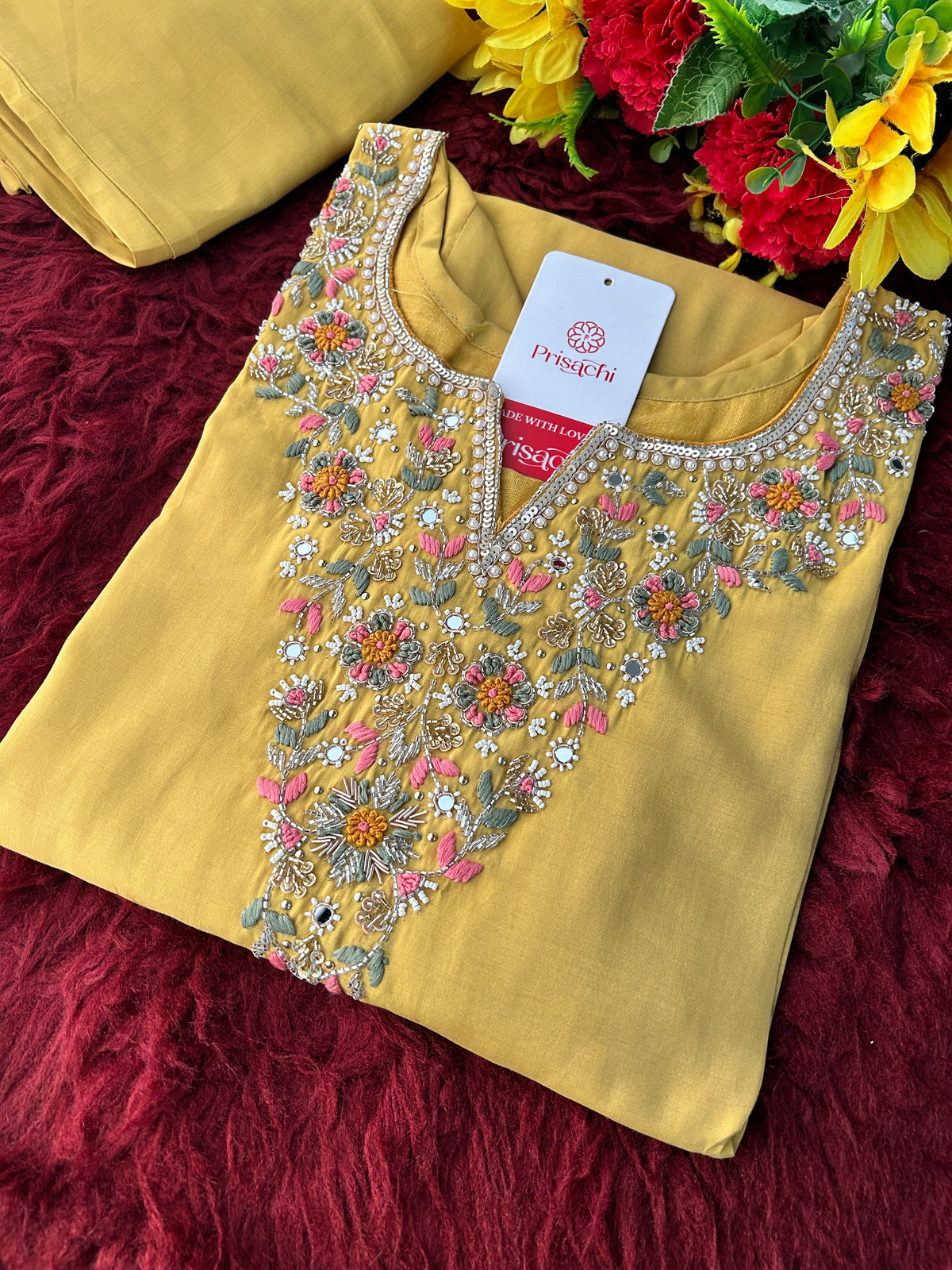Yellow Designer Embroidered Kurti with Pants for Women | Casual & Office Wear Ethnic Co-ord Set - Prisachi Official