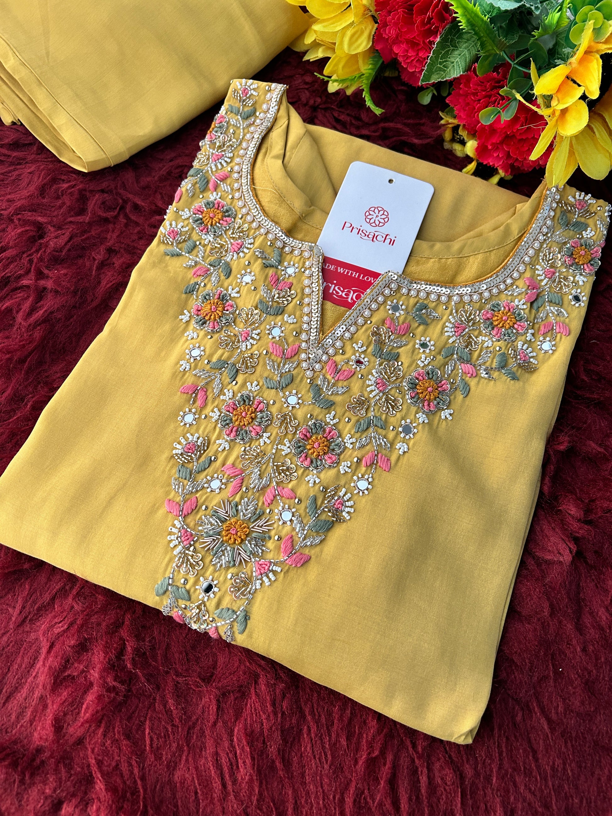 Yellow Designer Embroidered Kurti with Pants for Women | Casual & Office Wear Ethnic Co-ord Set - Prisachi Official