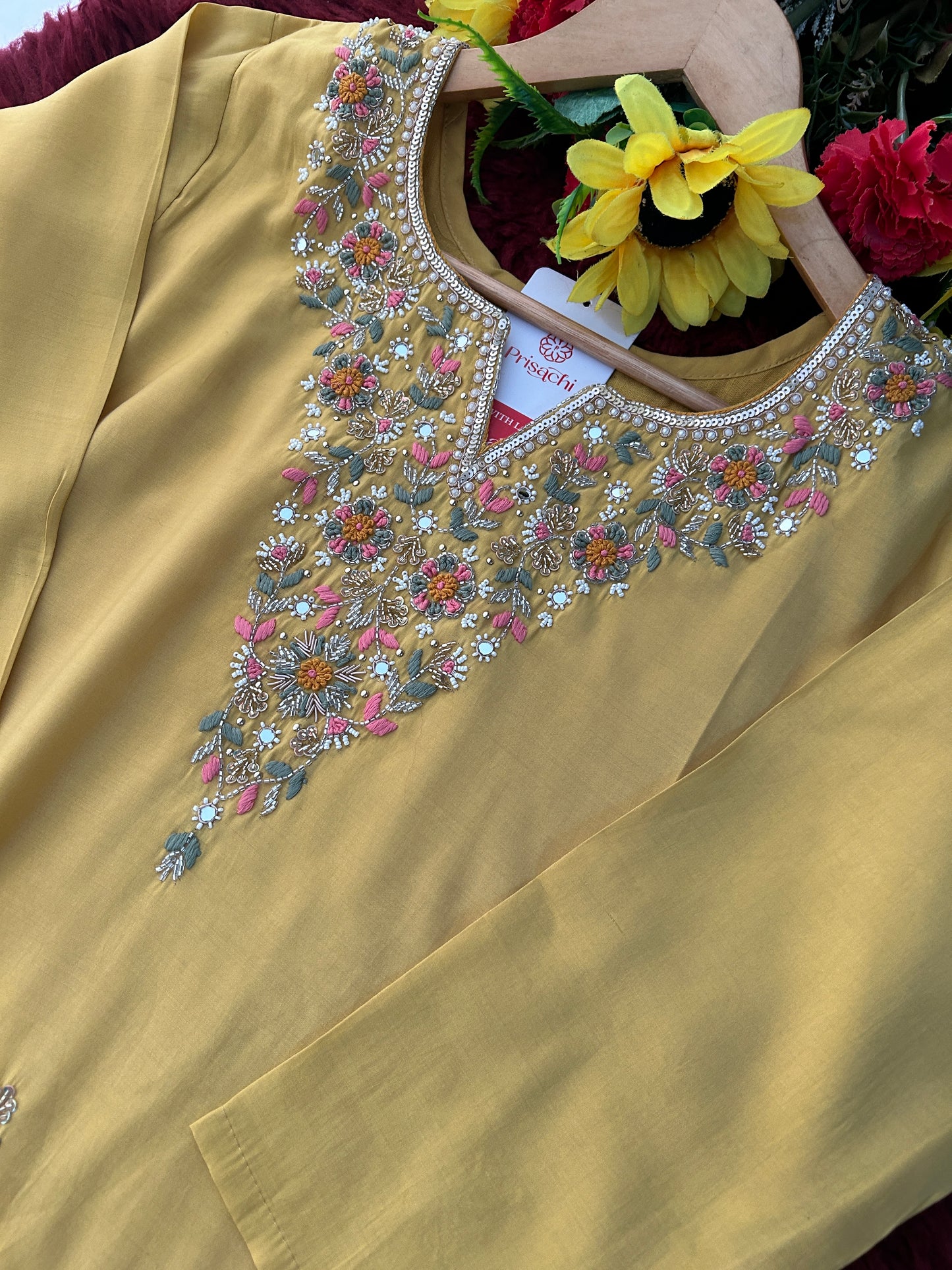 Yellow Designer Embroidered Kurti with Pants for Women | Casual & Office Wear Ethnic Co-ord Set - Prisachi Official