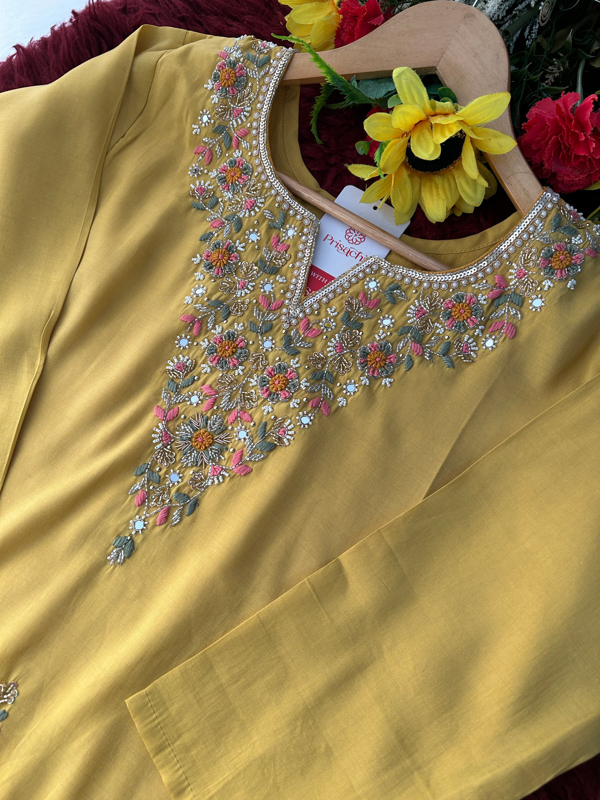 Yellow Designer Embroidered Kurti with Pants for Women | Casual & Office Wear Ethnic Co-ord Set - Prisachi Official