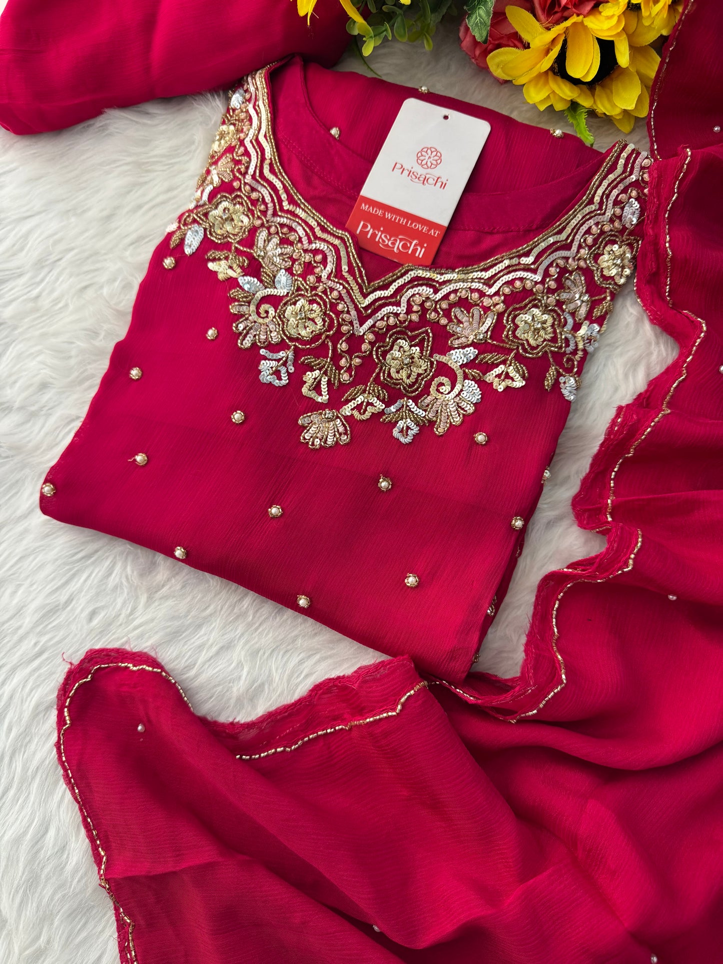 Pink Designer Embroidered Kurta Set with Pants & Dupatta – Ethnic Wear for Women - Prisachi Official