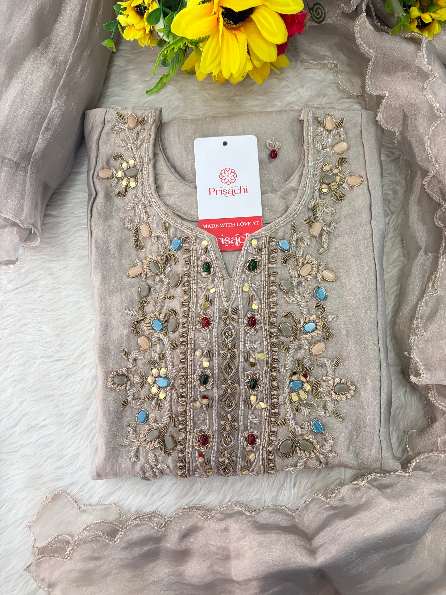 Light Grey Zardozi Embroidered Ethnic Kurta Set for Women with Pants & Dupatta