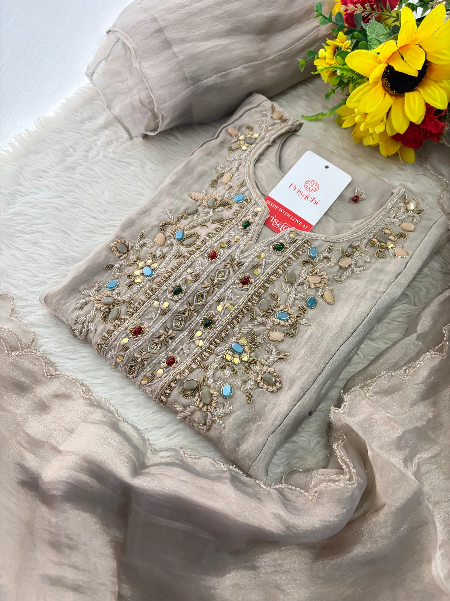 Light Grey Zardozi Embroidered Ethnic Kurta Set for Women with Pants & Dupatta