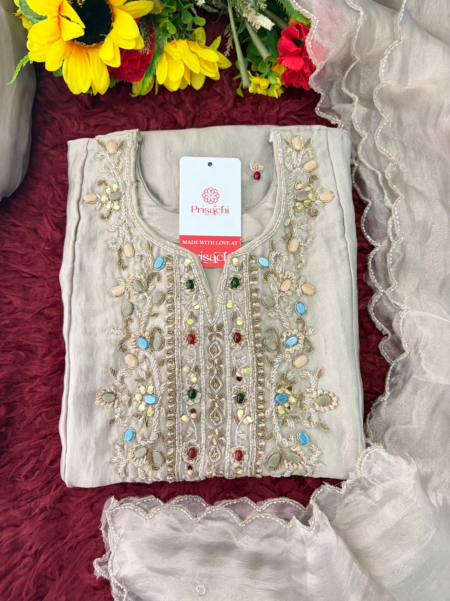 Light Grey Zardozi Embroidered Ethnic Kurta Set for Women with Pants & Dupatta