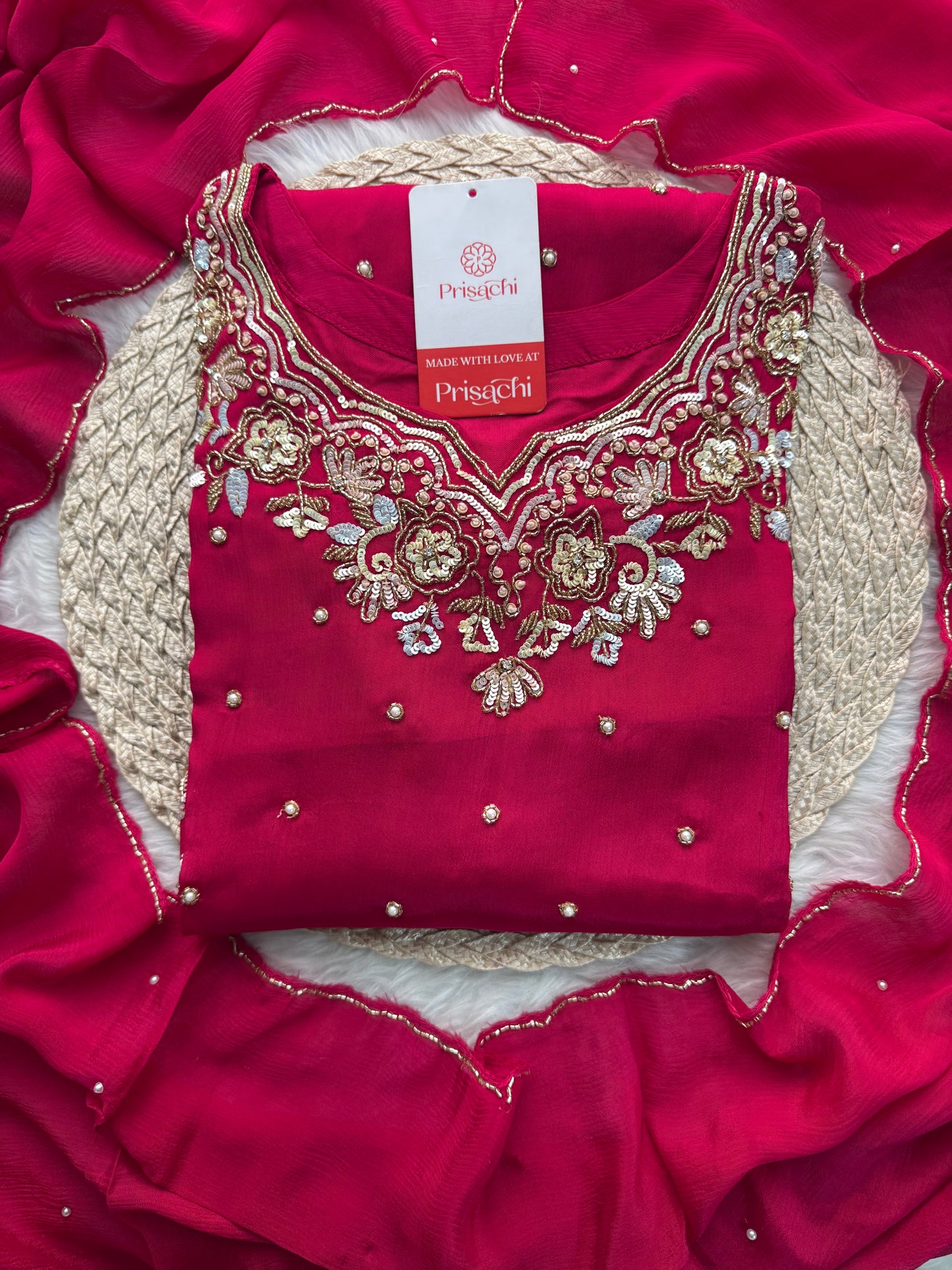 Pink Designer Embroidered Kurta Set with Pants & Dupatta – Ethnic Wear for Women - Prisachi Official