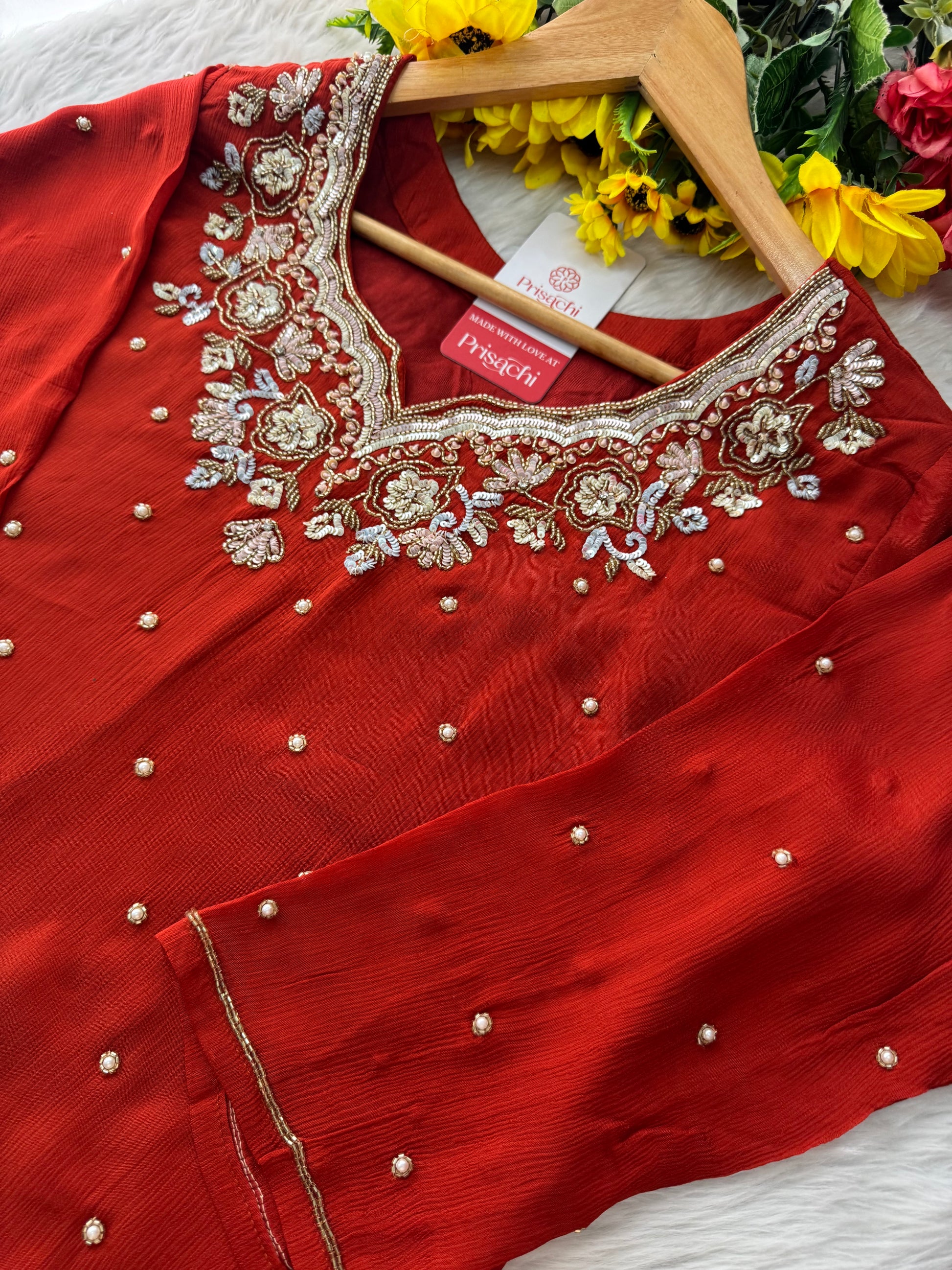 Rust Orange Designer Embroidered Kurta Set with Pants & Dupatta – Ethnic Wear - Prisachi Official