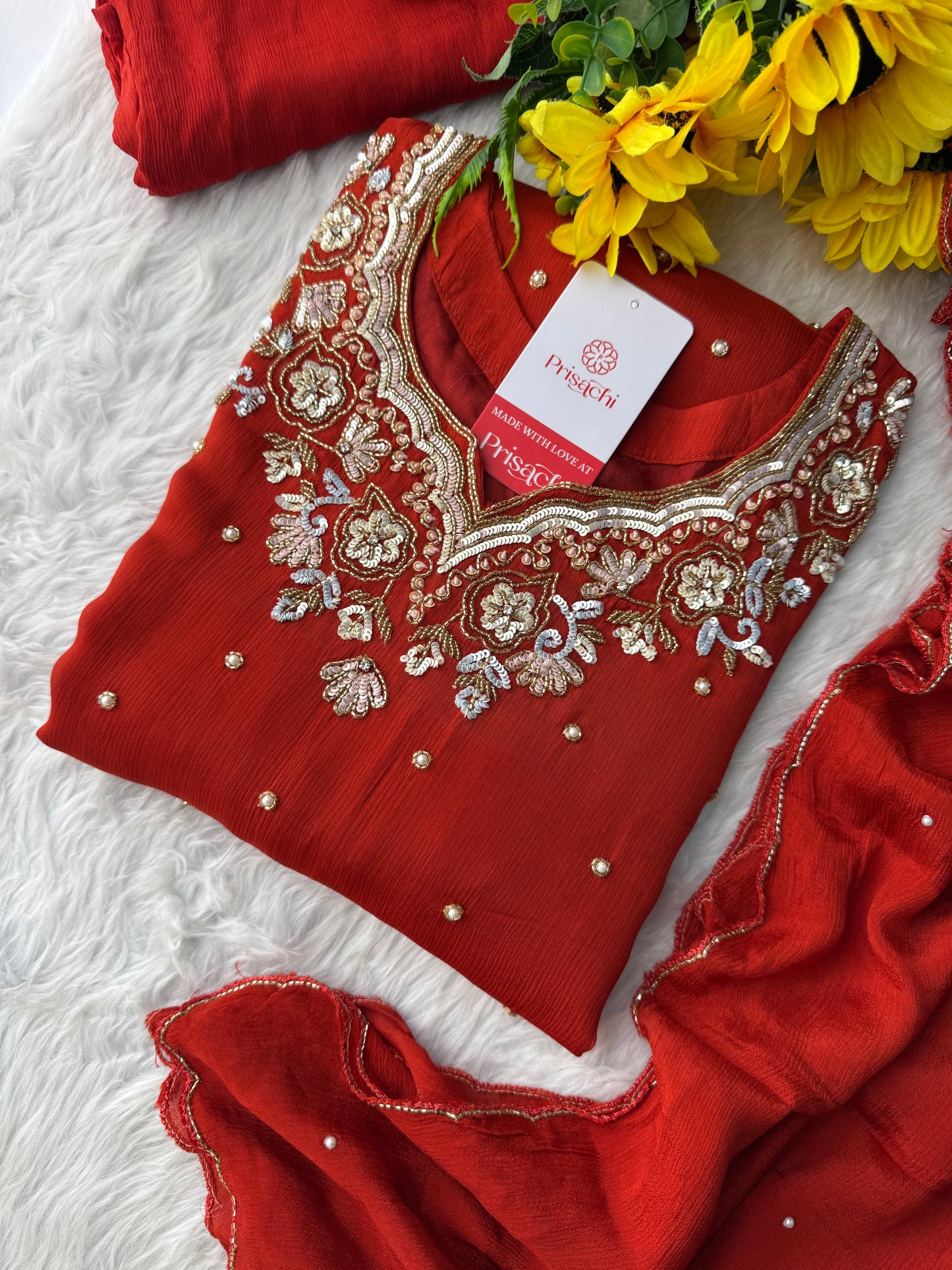 Rust Orange Designer Embroidered Kurta Set with Pants & Dupatta – Ethnic Wear - Prisachi Official