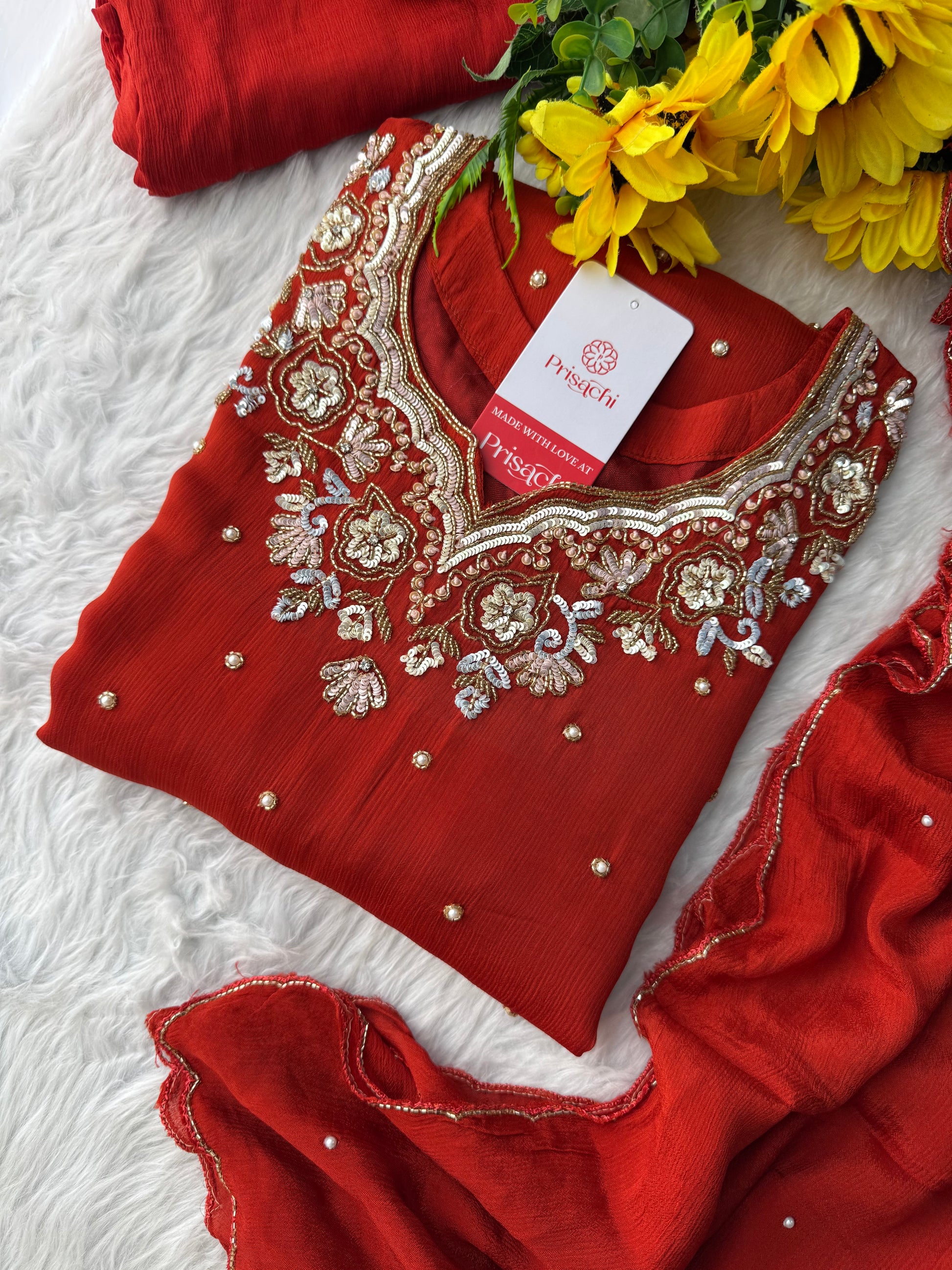Rust Orange Designer Embroidered Kurta Set with Pants & Dupatta – Ethnic Wear - Prisachi Official