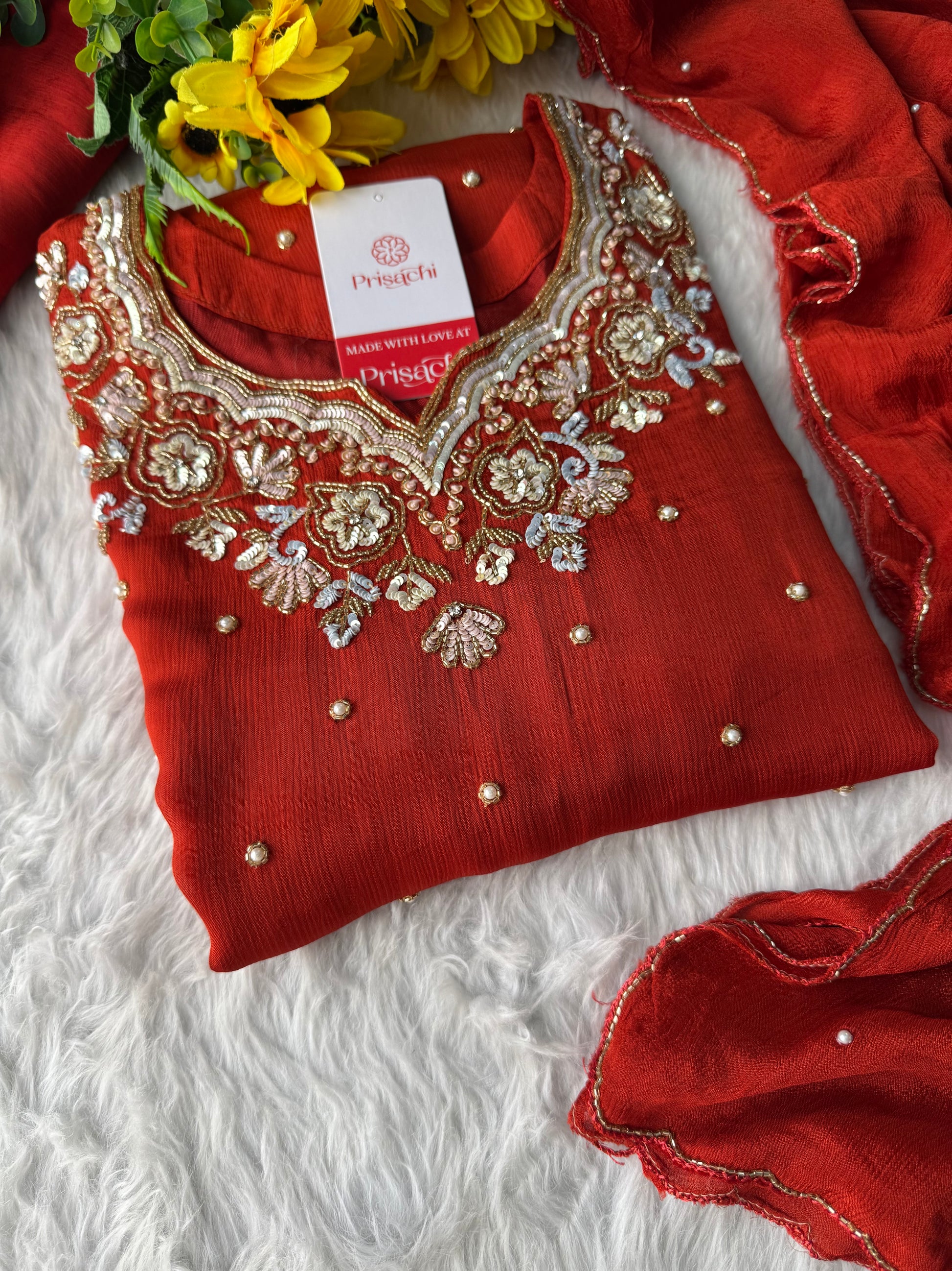 Rust Orange Designer Embroidered Kurta Set with Pants & Dupatta – Ethnic Wear - Prisachi Official