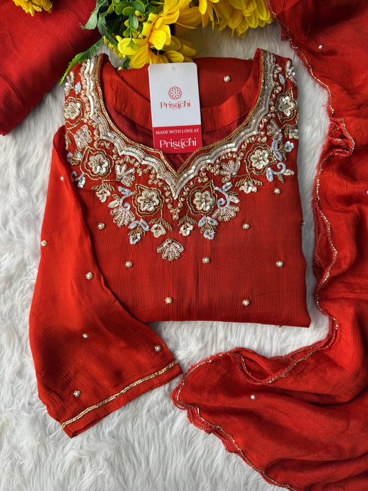 Rust Orange Designer Embroidered Kurta Set with Pants & Dupatta – Ethnic Wear - Prisachi Official