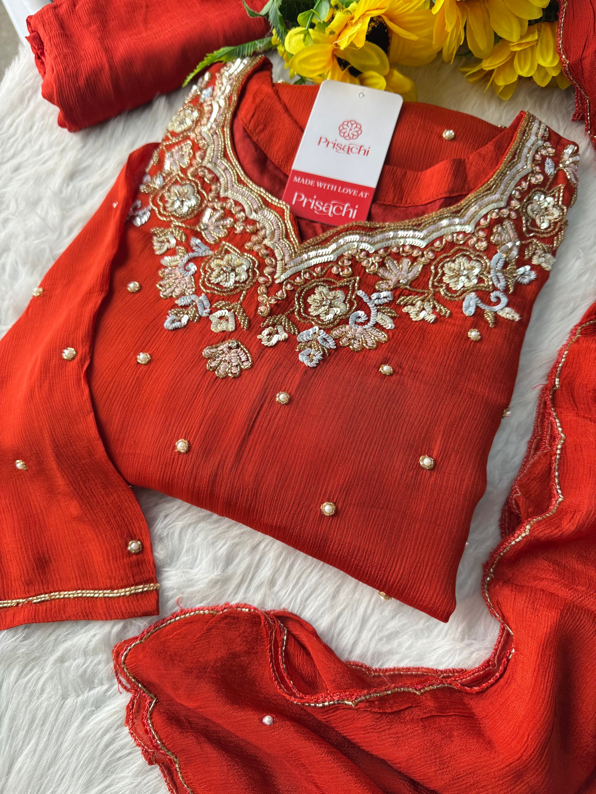 Rust Orange Designer Embroidered Kurta Set with Pants & Dupatta – Ethnic Wear - Prisachi Official