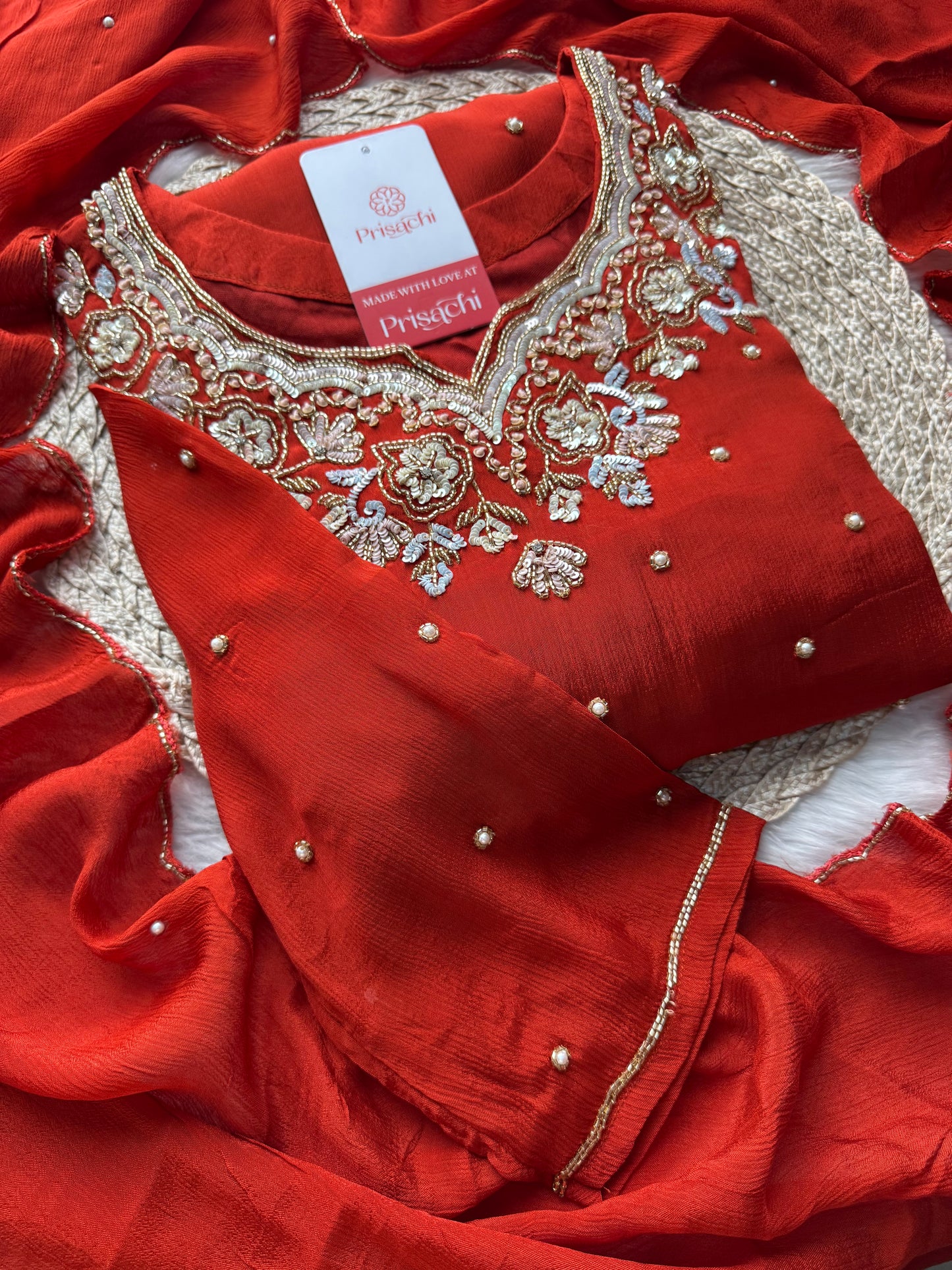 Rust Orange Designer Embroidered Kurta Set with Pants & Dupatta – Ethnic Wear - Prisachi Official