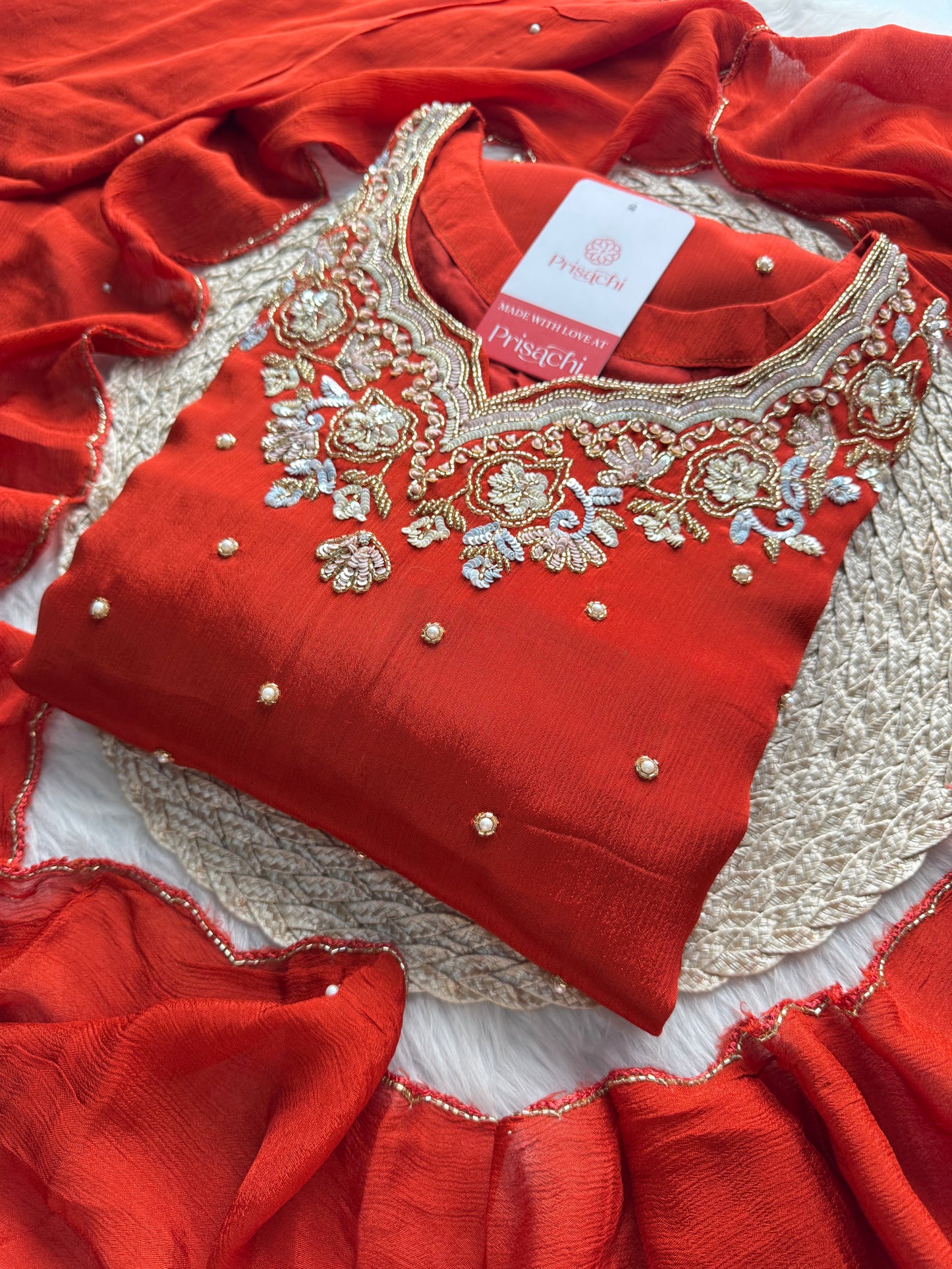 Rust Orange Designer Embroidered Kurta Set with Pants & Dupatta – Ethnic Wear - Prisachi Official