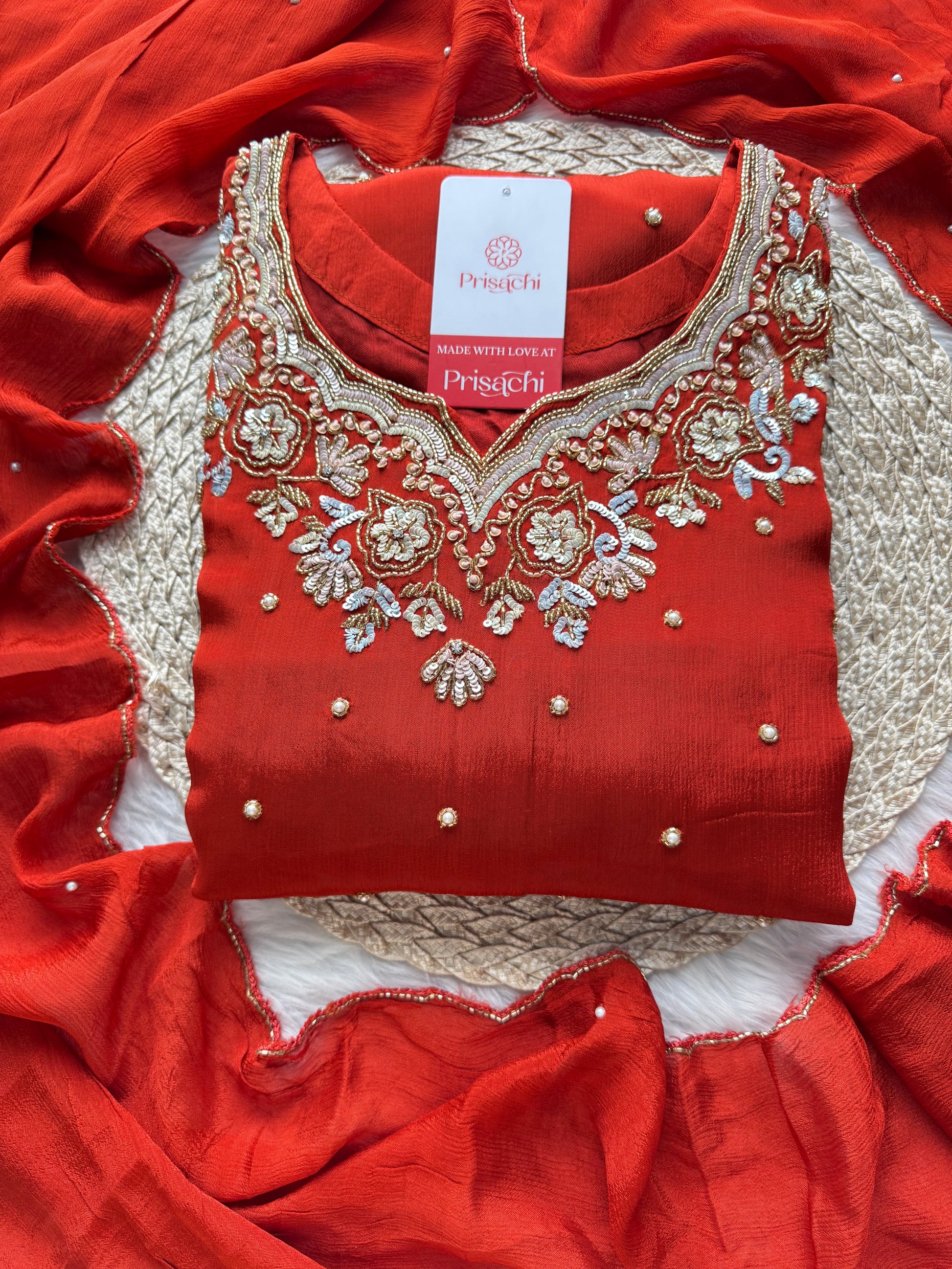 Rust Orange Designer Embroidered Kurta Set with Pants & Dupatta – Ethnic Wear - Prisachi Official