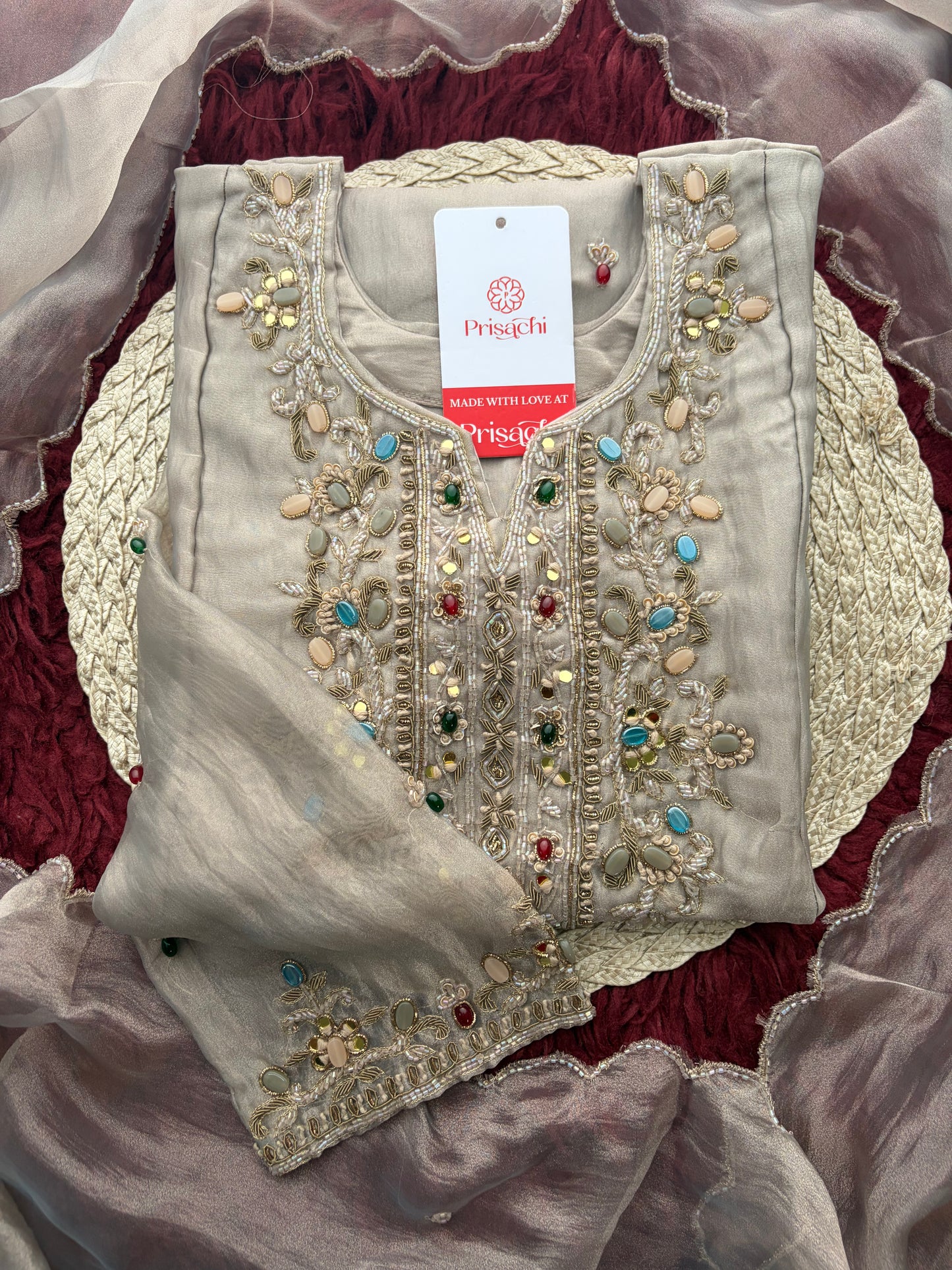 Light Grey Zardozi Embroidered Ethnic Kurta Set for Women with Pants & Dupatta
