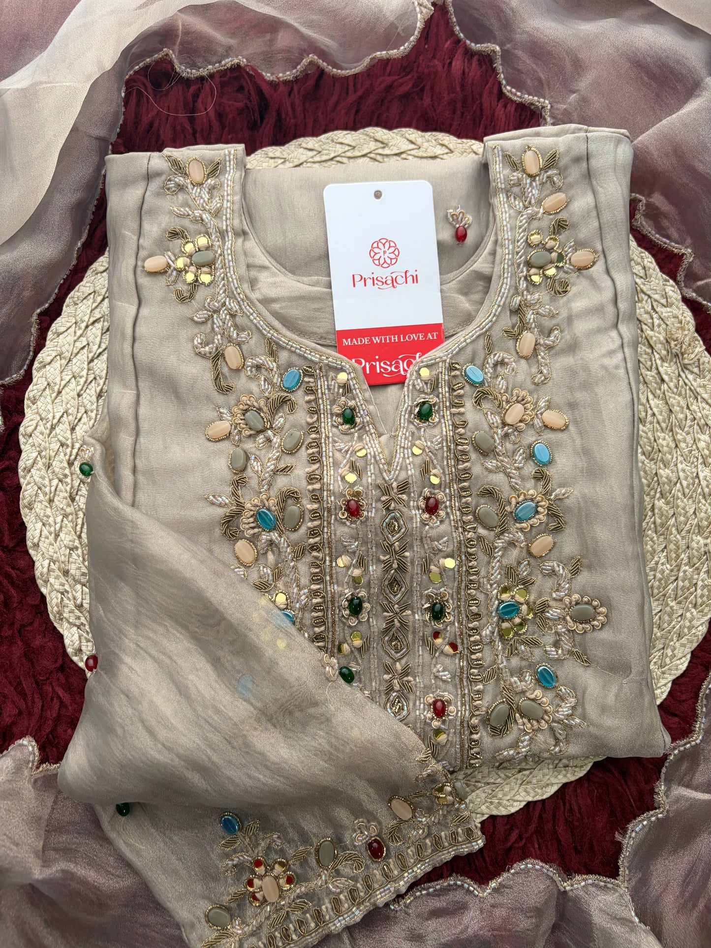 Light Grey Zardozi Embroidered Ethnic Kurta Set for Women with Pants & Dupatta