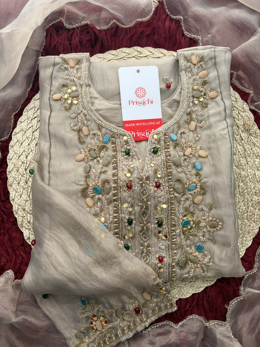 Light Grey Zardozi Embroidered Ethnic Kurta Set for Women with Pants & Dupatta
