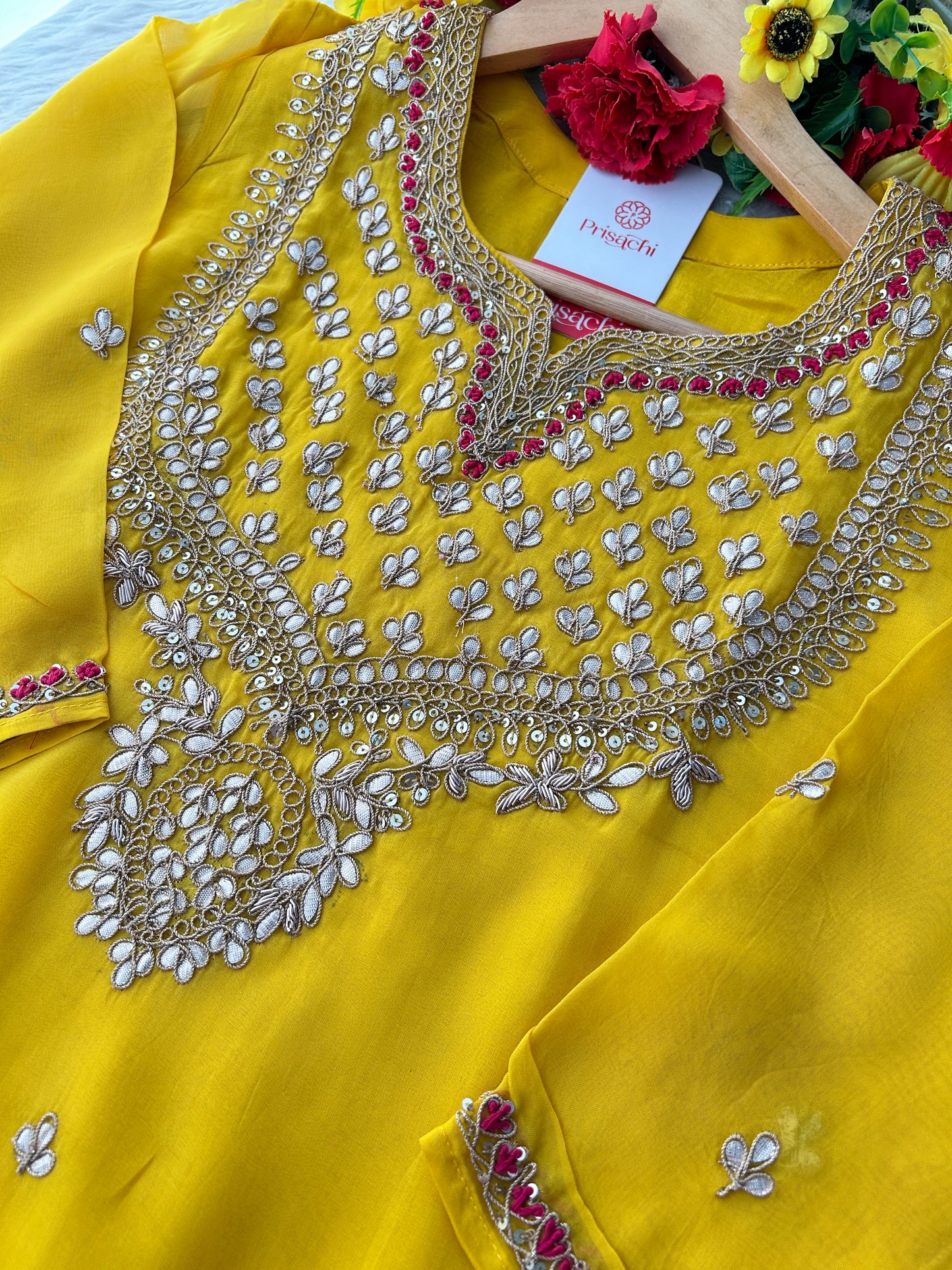 Yellow Embroidered Kurta Set with Pants & Pink Dupatta for Women | Designer Ethnic Wear