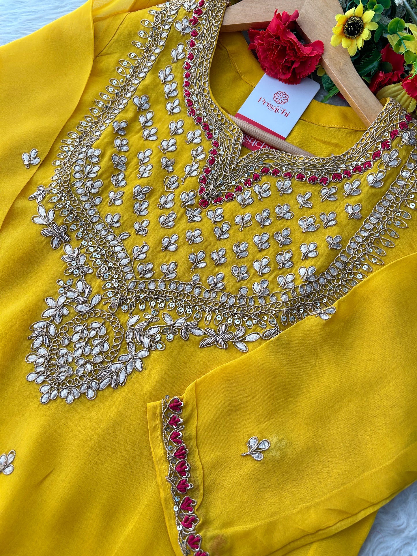 Yellow Embroidered Kurta Set with Pants & Pink Dupatta for Women | Designer Ethnic Wear