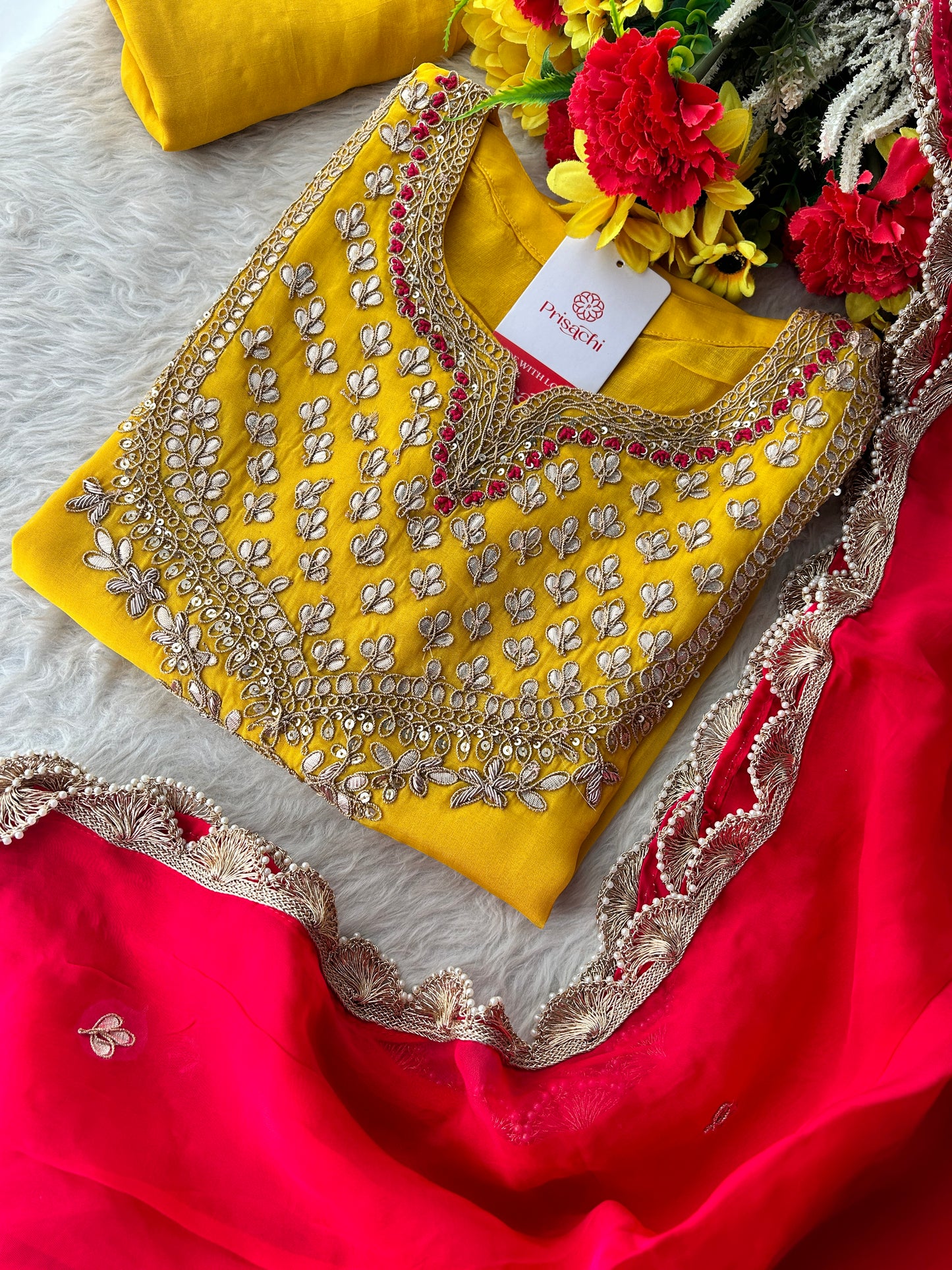 Yellow Embroidered Kurta Set with Pants & Pink Dupatta for Women | Designer Ethnic Wear