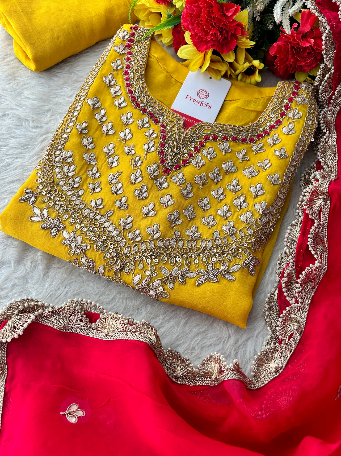 Yellow Embroidered Kurta Set with Pants & Pink Dupatta for Women | Designer Ethnic Wear