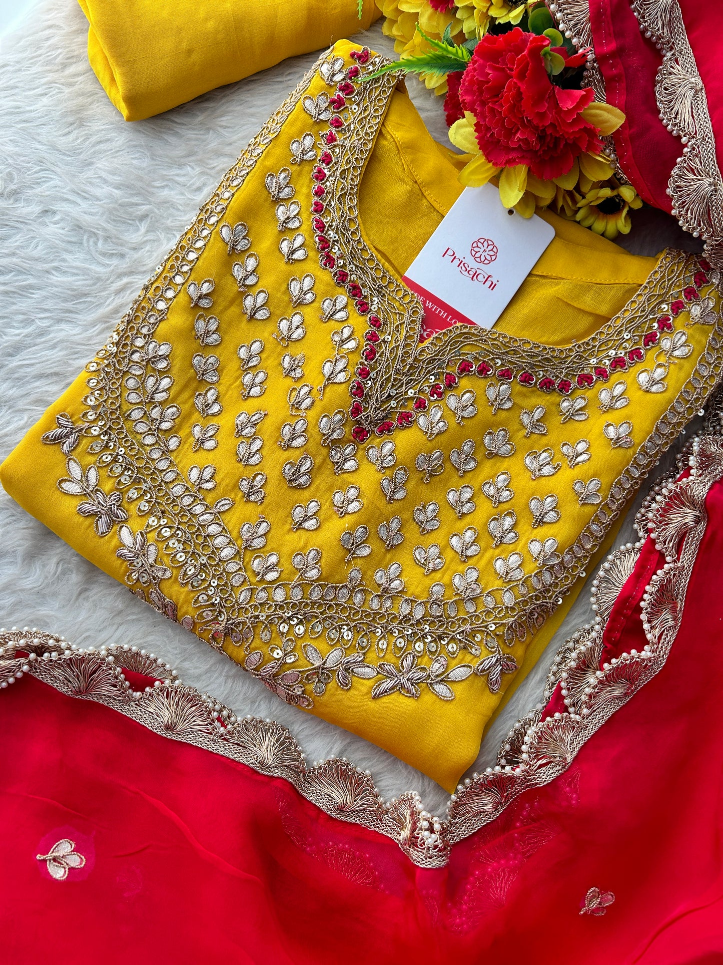 Yellow Embroidered Kurta Set with Pants & Pink Dupatta for Women | Designer Ethnic Wear