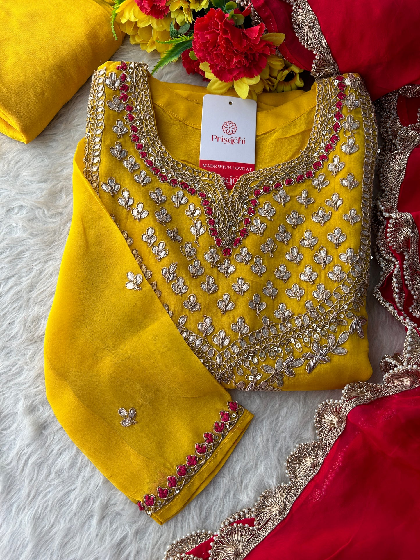Yellow Embroidered Kurta Set with Pants & Pink Dupatta for Women | Designer Ethnic Wear