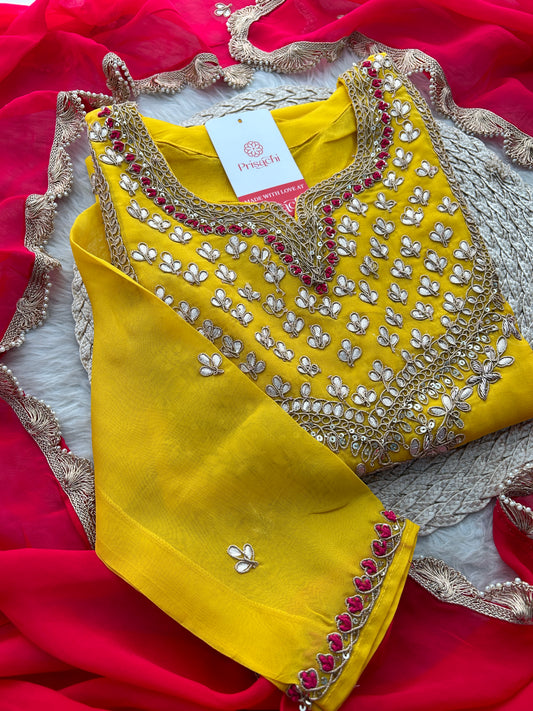 Yellow Embroidered Kurta Set with Pants & Pink Dupatta for Women | Designer Ethnic Wear