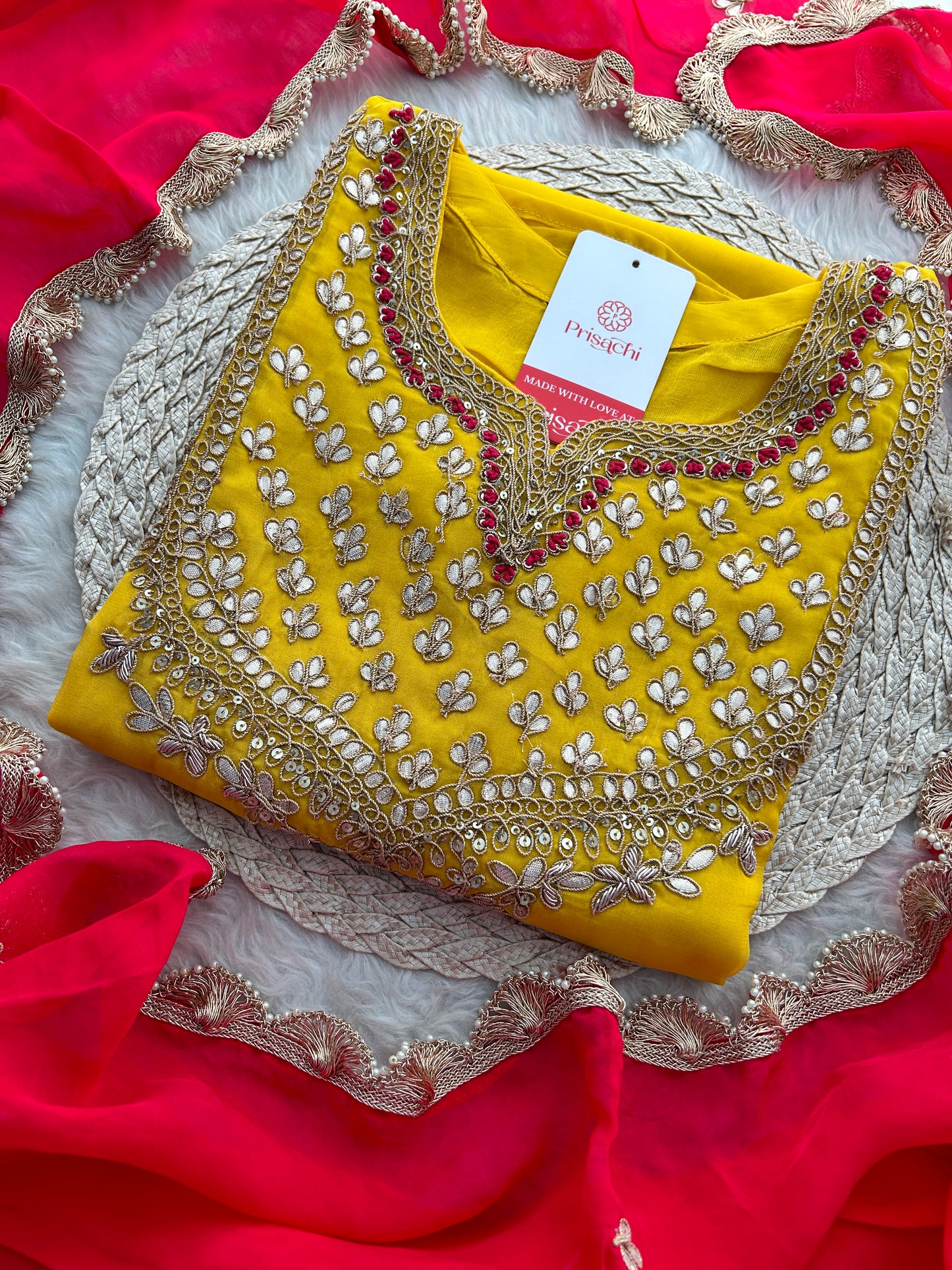 Yellow Embroidered Kurta Set with Pants & Pink Dupatta for Women | Designer Ethnic Wear