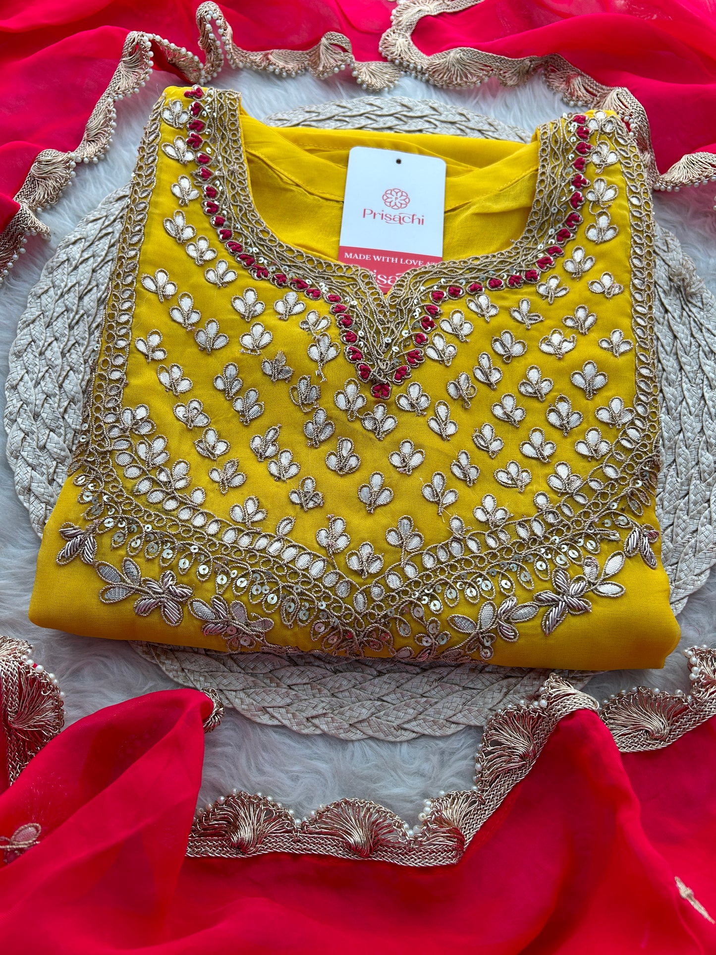 Yellow Embroidered Kurta Set with Pants & Pink Dupatta for Women | Designer Ethnic Wear