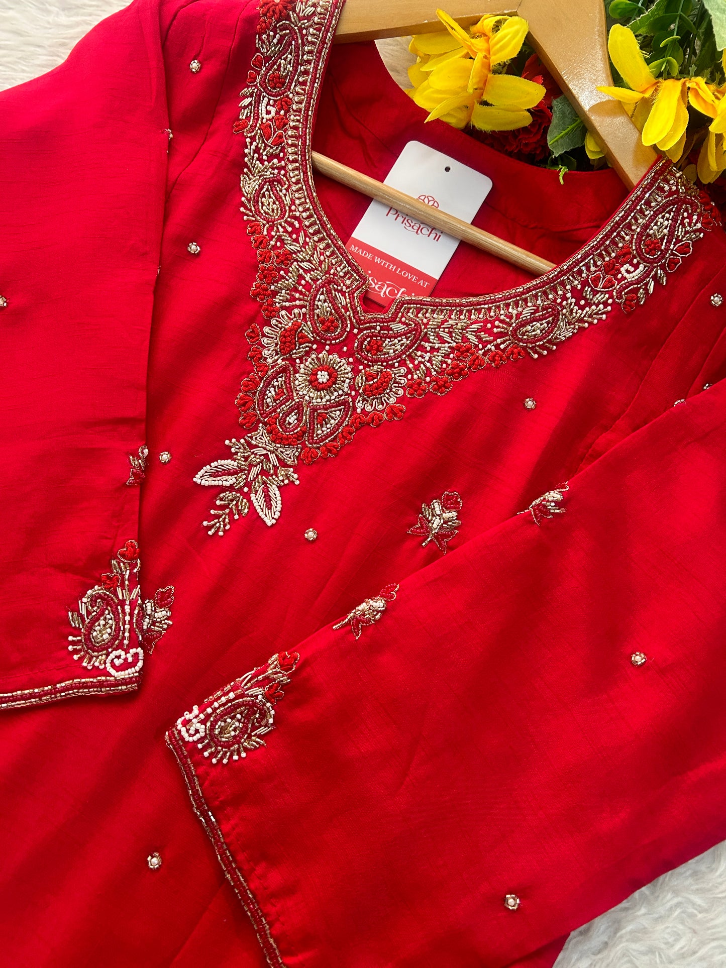 Red Zardozi Embroidered Ethnic A-Line kurta set with dupatta and Pants