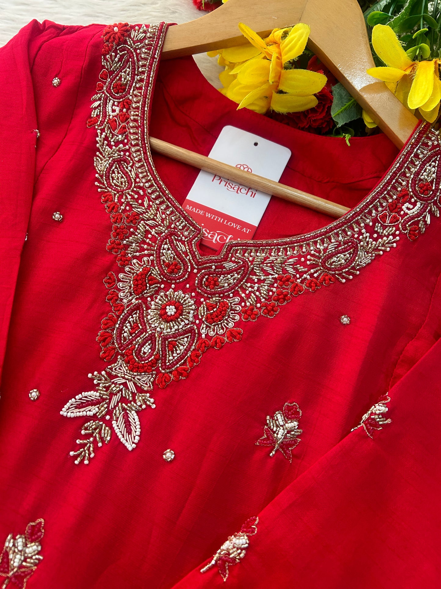 Red Zardozi Embroidered Ethnic A-Line kurta set with dupatta and Pants