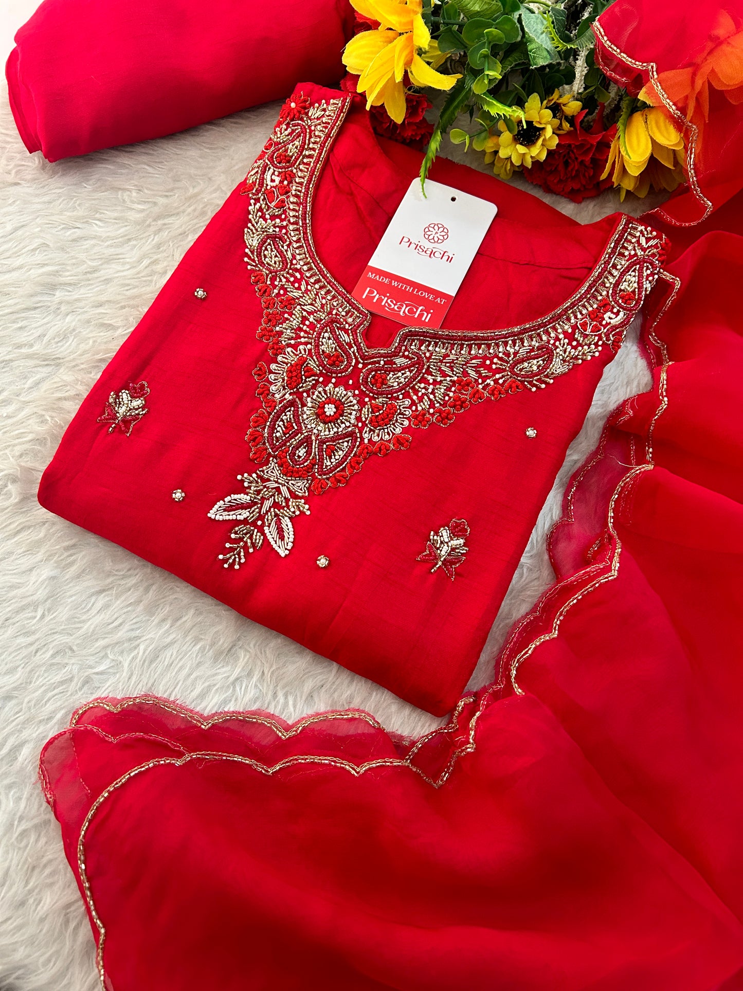 Red Zardozi Embroidered Ethnic A-Line kurta set with dupatta and Pants